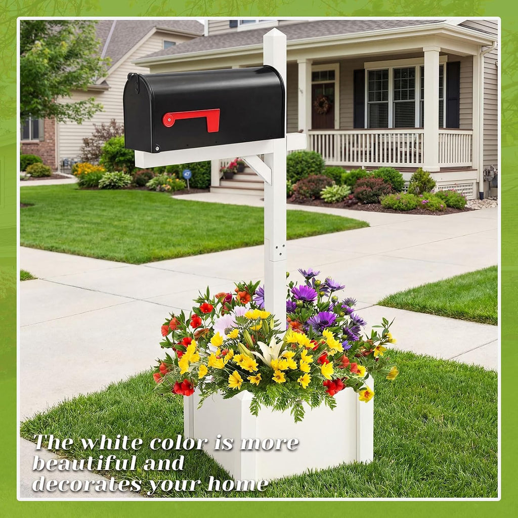Colingmill 55 Inch/4.58 ft H Wooden Mailbox Post with Planter Box for Outside Decorative Post Flower Box(Not Included Mailbox)(White)