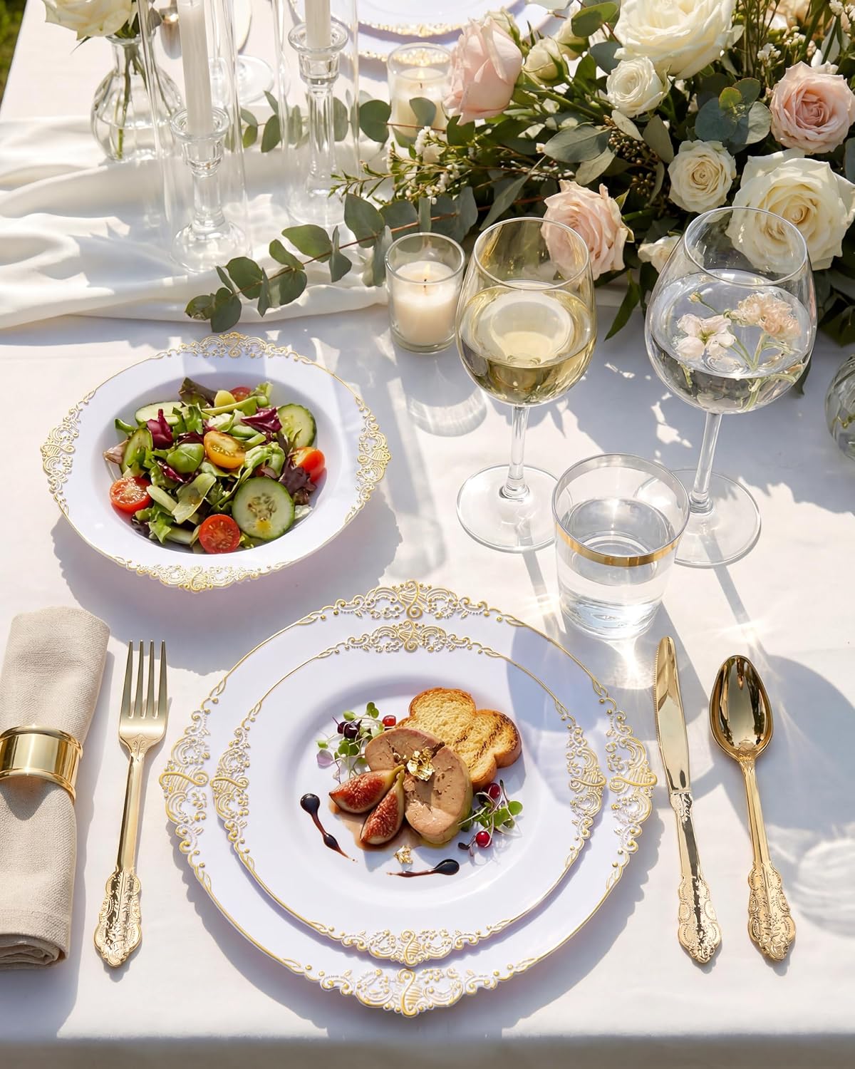 Nervure 700PCS Gold Plastic Plates - Gold Plastic Dinnerware Sets for 100 Guests - 200 Disposable Plates, 300 Silverware, 100 Cups, 100 Napkins for Wedding & Party & Graduation