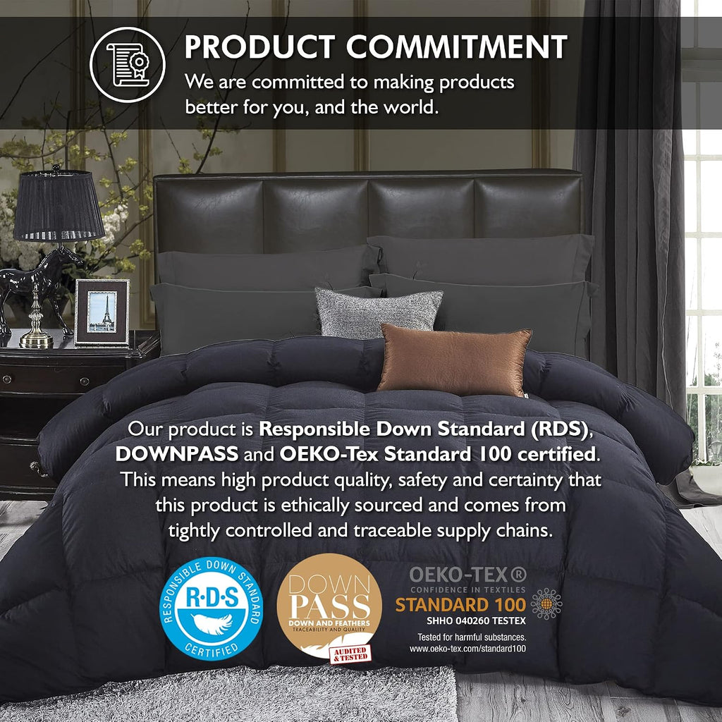 Luxurious Queen Size Goose Down Feather Fiber Comforter Duvet Insert, 100% Egyptian Cotton Cover, 60 oz. Fill Weight Comforter (Queen, Black Solid)