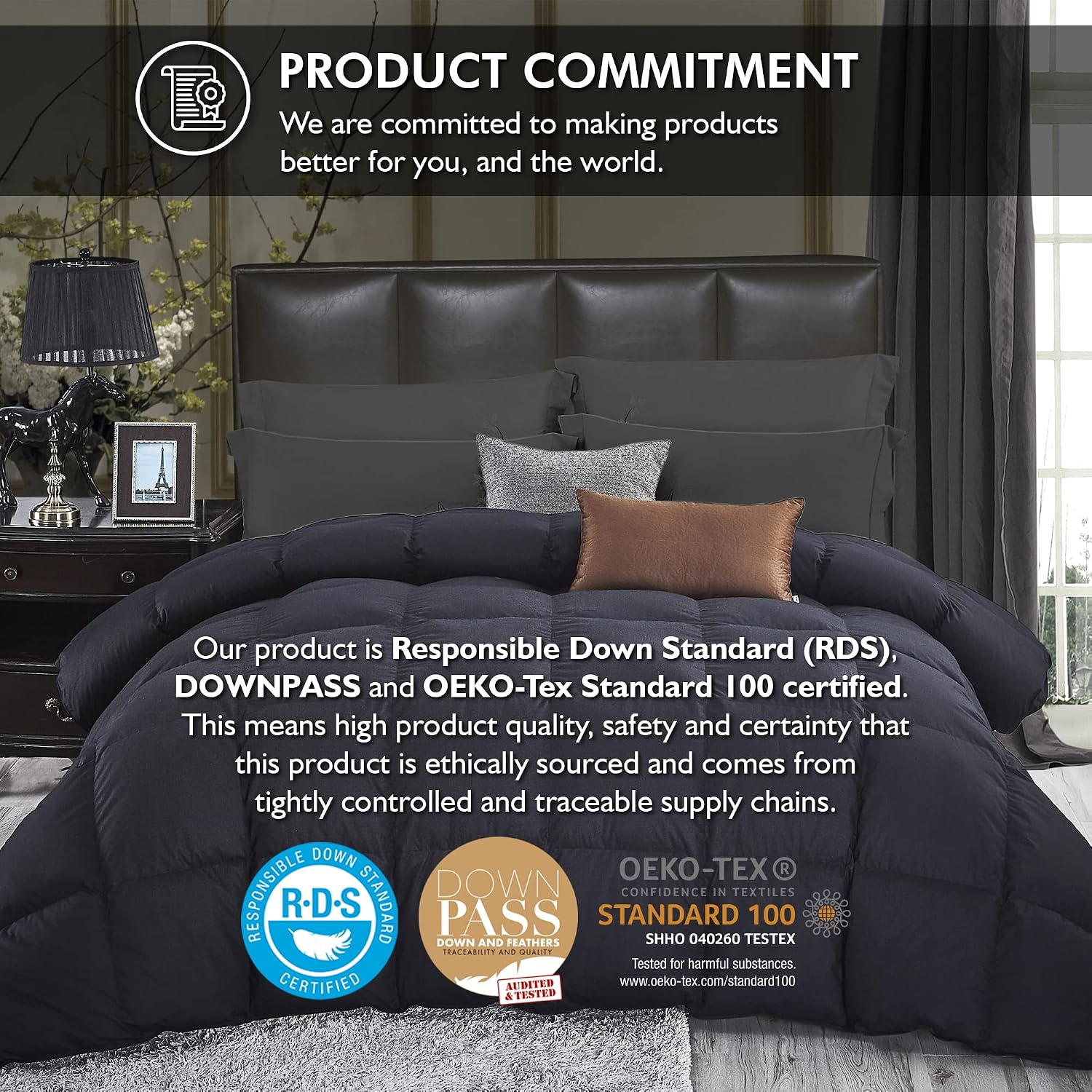 Luxurious Queen Size Goose Down Feather Fiber Comforter Duvet Insert, 100% Egyptian Cotton Cover, 60 oz. Fill Weight Comforter (Queen, Black Solid)