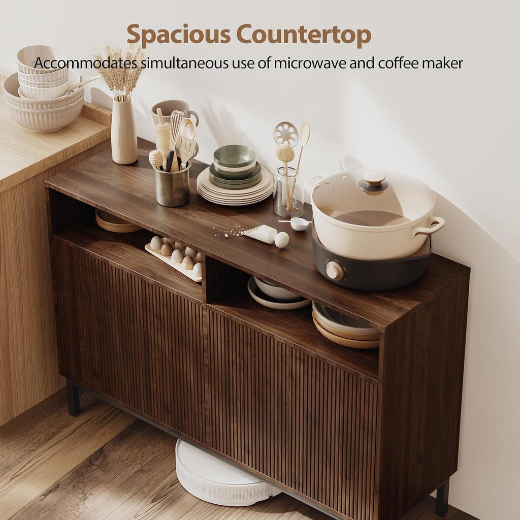 Mericonia Farmhouse Buffet Sideboard Cabinet with Storage, Fluted Coffee Bar with Doors and Adjustable Shelves, Modern Wood Console Cabinet for Kitchen, Livingroom (Fluted 4 Door, Walnut)