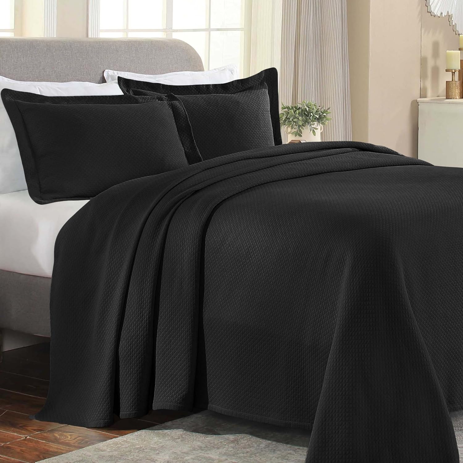 Superior Solitaire Cotton 3 Piece Bedspread Set, Home Bed Decor, Decorative Textured Bed Spread, 2 Pillow Shams, Airy Blanket, Matelasse Coverlet Bedding, All-Season Accent Blanket, Queen, Black