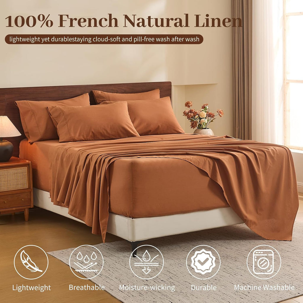 MEISHANG 100% French Pure Linen Sheets California King Size - 6 PC Extra Deep Pocket Sheet Set, Soft Durable Flax Linen, Anti-Tear Breathable & Oeko-Tex Certified 18-24 Deep Pocket,All Season(Brown)