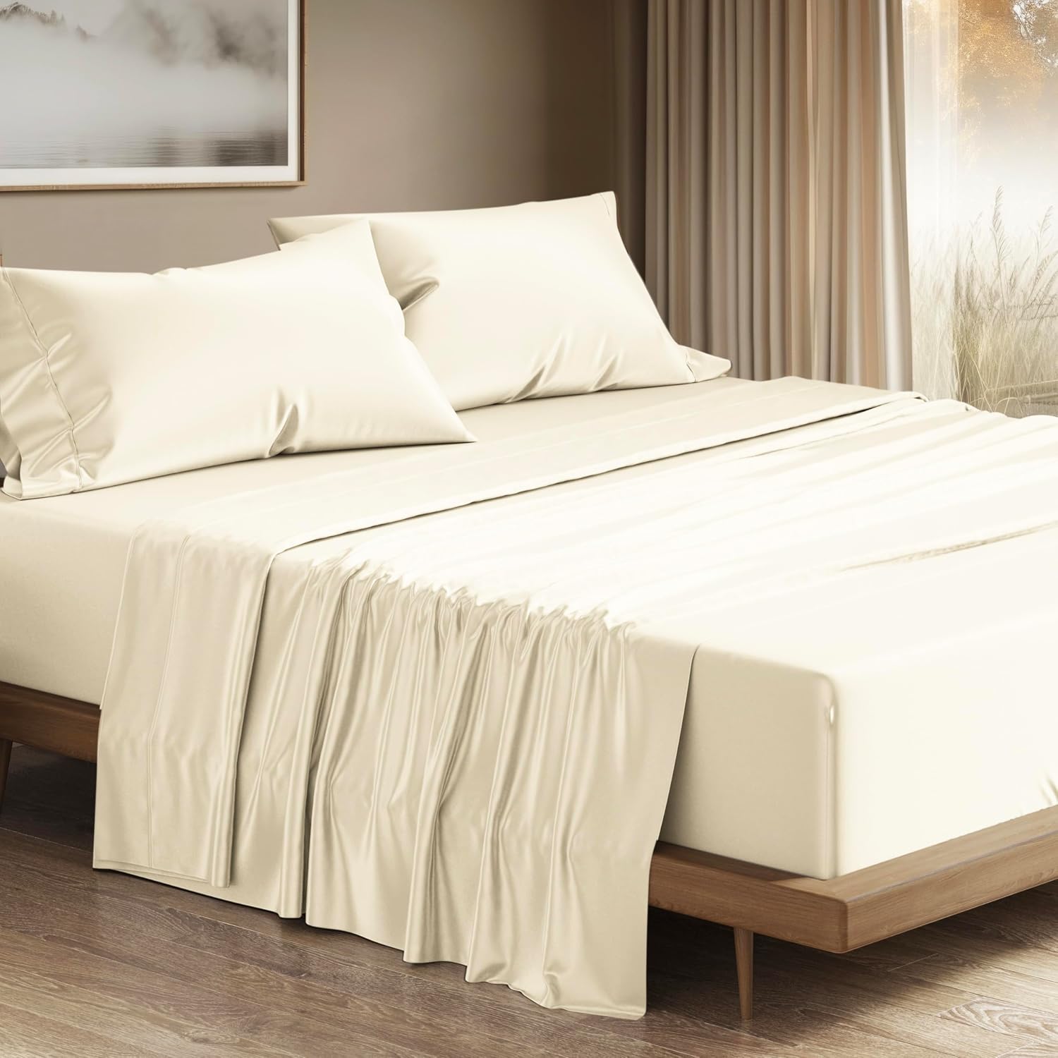 THREAD SPREAD 100% Egyptian Cotton Queen Sheets Set - 1200 Series Plush Collection Luxury Egyptian Cotton Sheets Queen Size Deep Pocket (4 PC, Ivory), Soft, Cooling, Sateen Weave Sheet Set