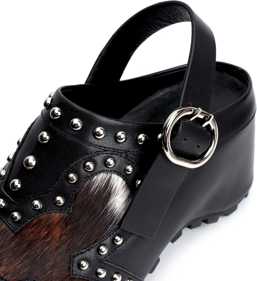 XOBZJH Platform Clogs for Women with Arch Support – Natural Calf Hair & Leather Patchwork Upper, Adjustable Strap, Leather-Lined Slip-On Mules for Flat Feet, Vintage Rivet Design