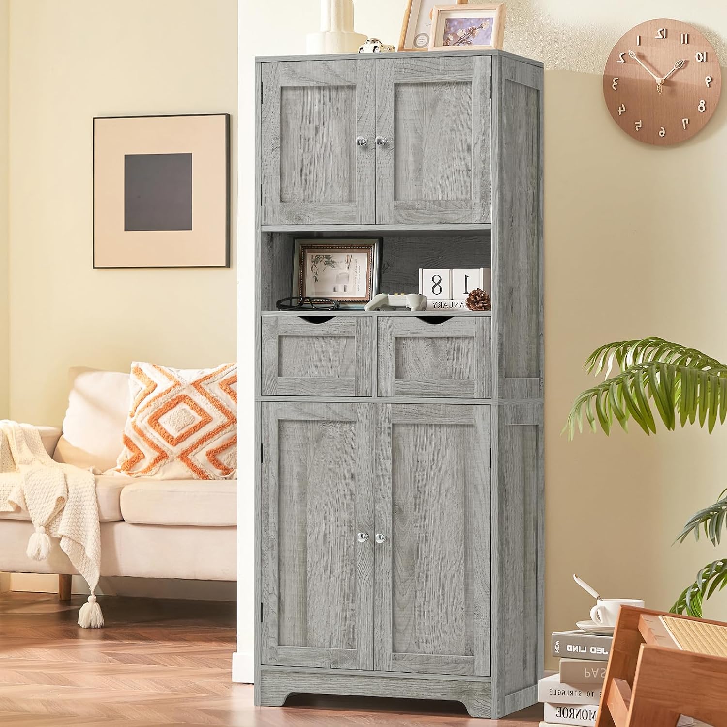 Iwell Tall Storage Cabinet with Adjustable Shelf, Bathroom Cabinet with 2 Drawers, Linen Cabinet for Living Room, Grey