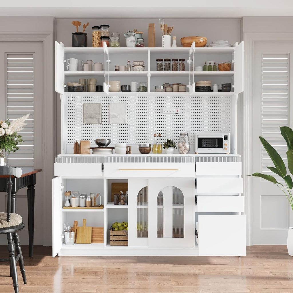 63'' W Buffet Cabinet with Hutch, Large Coffee Bar Storage Cabinet with 6 Drawers, Kitchen Pantry Sideboard with 5 Cabinets and Adjustable Shelves, Pegboard, Towel Rack, Power Outlet (White-Q12)