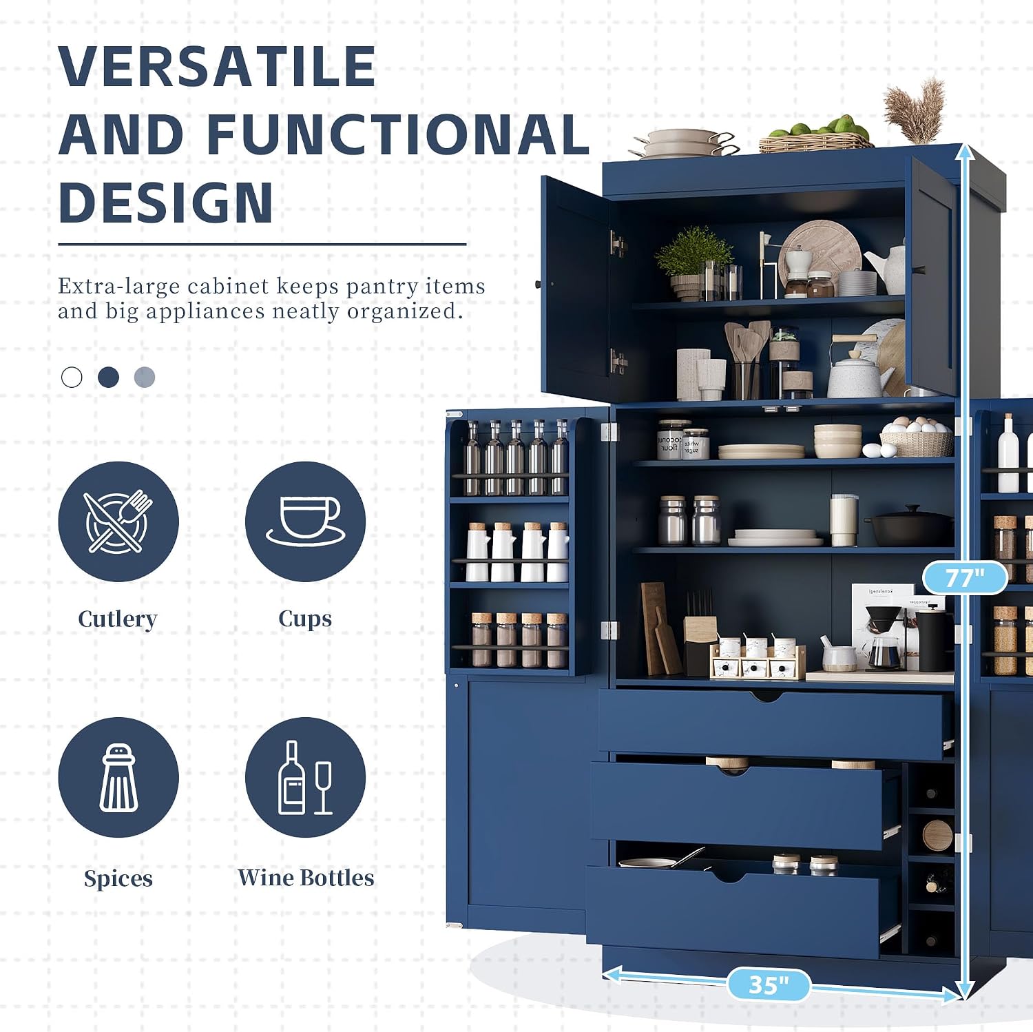 77'' Tall Freestanding Kitchen Pantry, 35''Lx17.7''W Wooden Kitchen Organizers Cupboard Storage Cabinet with Adjustable Shelves, Door Shelves, Drawers and Wine Racks (Blue-2.12)