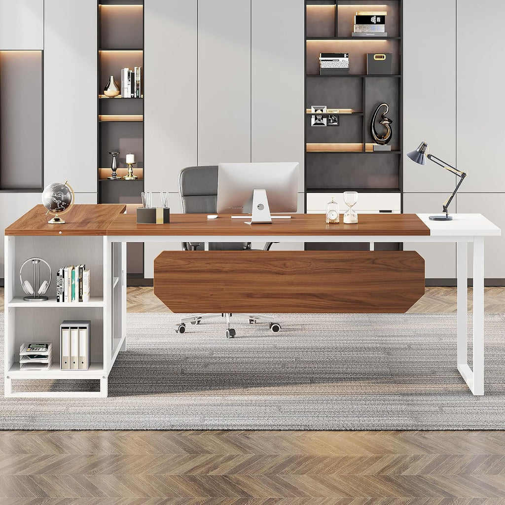 Tribesigns 70.8-Inch Executive Desk with 55-Inch File Cabinet, Large L Shaped Computer Desk with Storage Cabinet and Shelves, Modern L-Shaped Desk for Home Office, Walnut & White