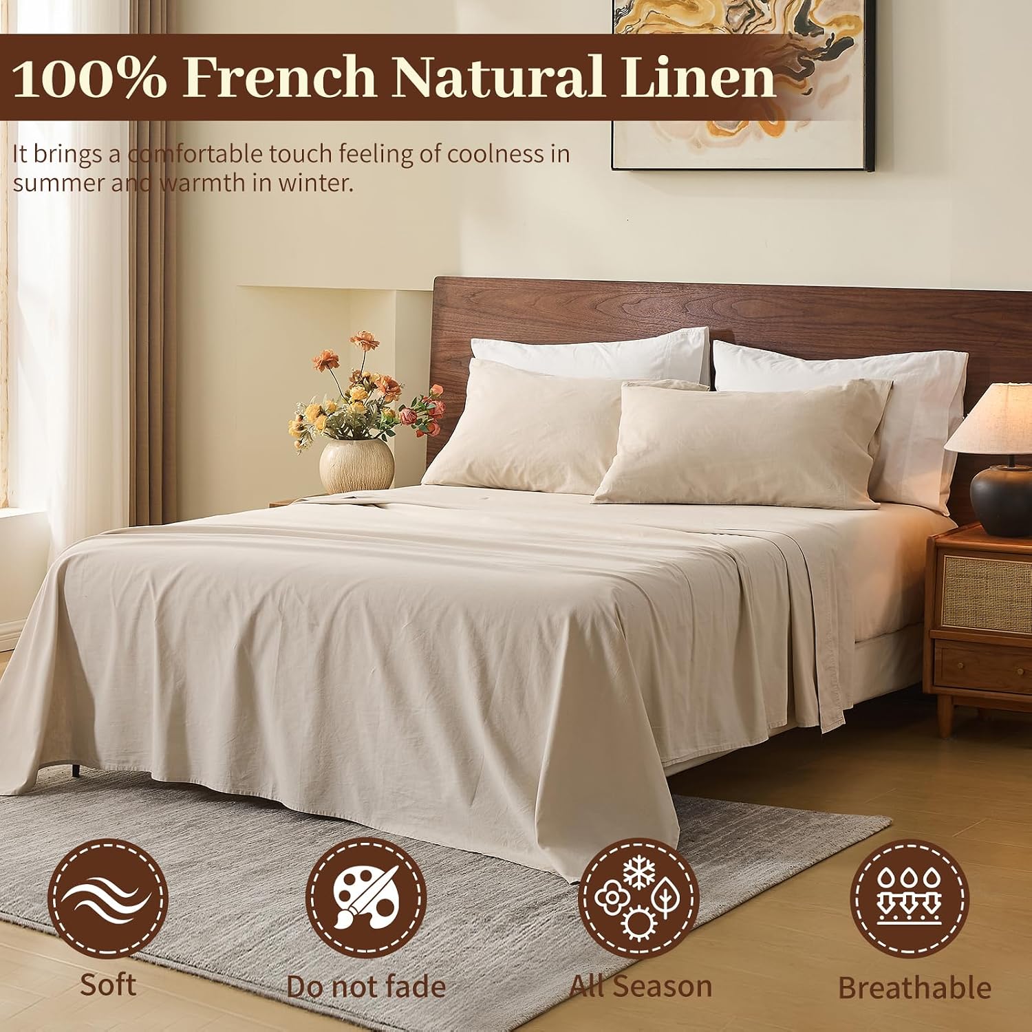 MEISHANG 100% French Pure Linen Sheets King Size - Bed Sheets 4 Piece Sets, Soft Durable Flax Linen, Anti-Tear Breathable Oeko-Tex Certified with 16' Deep Pocket (Linen)