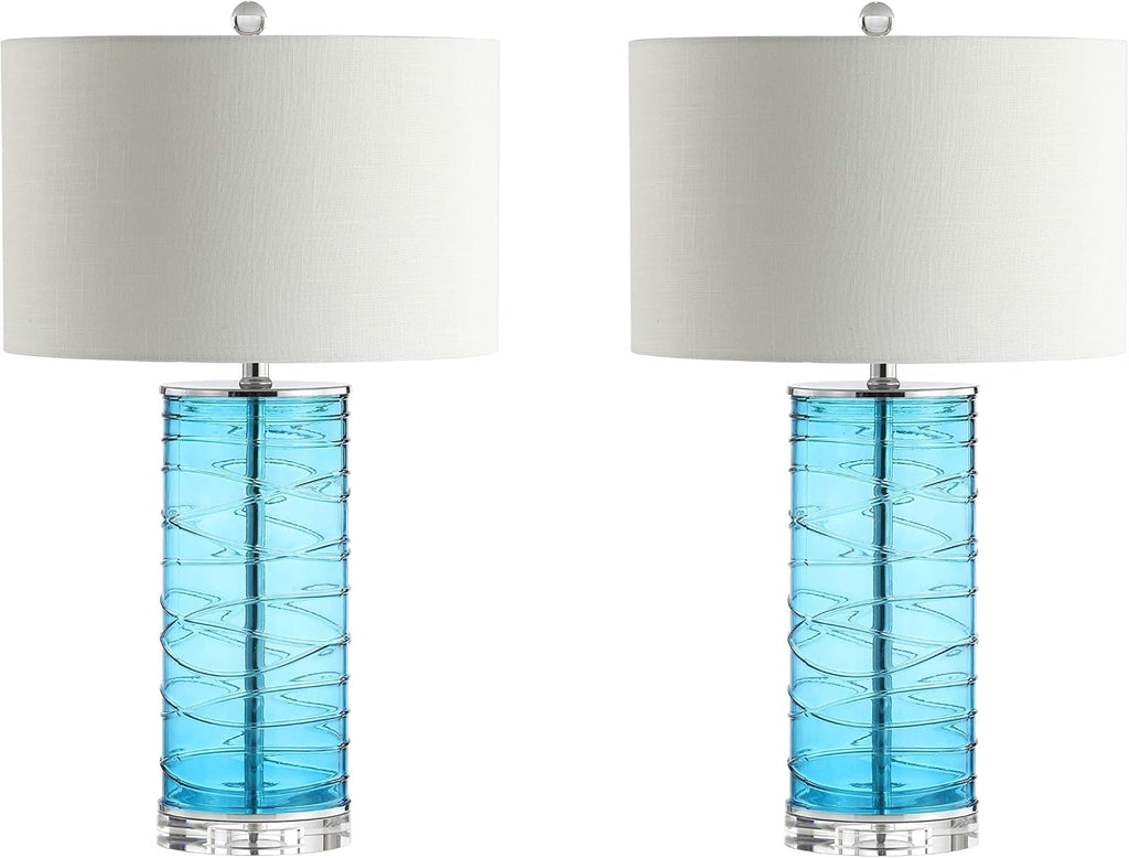 JONATHAN Y 27.5' Turquoise Modern Fused Glass Table Lamp Set of 2 for Bedroom Living Room, Coastal Nightstand Bedside Lamp with White Linen Shade, LED Bulbs Included JYL4016A-SET2