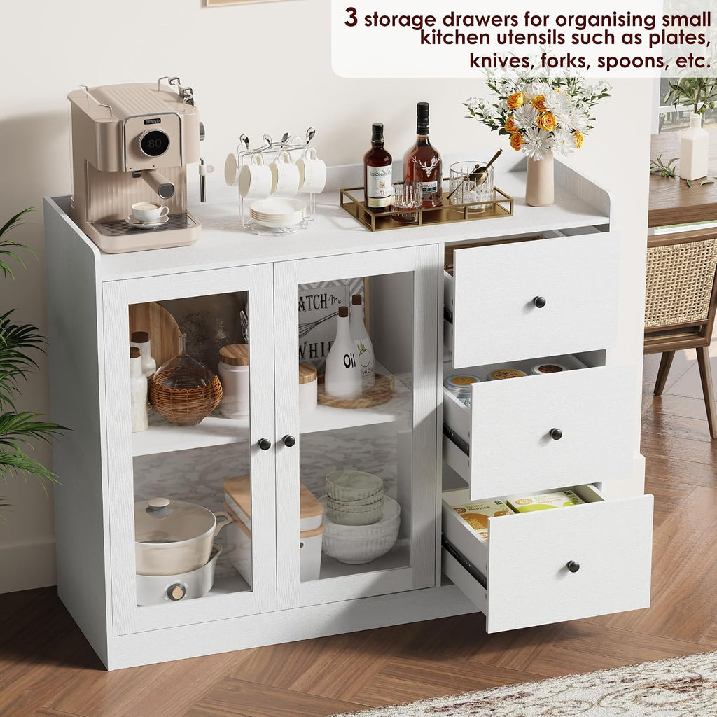 GarveeHome Sideboard Buffet Cabinet with Storage, 43 in Coffee Bar Cabinet with Glass Doors and 3 Drawers, Kitchen Storage Cabinet with Adjustable Shelves for Dining Room, Living Room, White