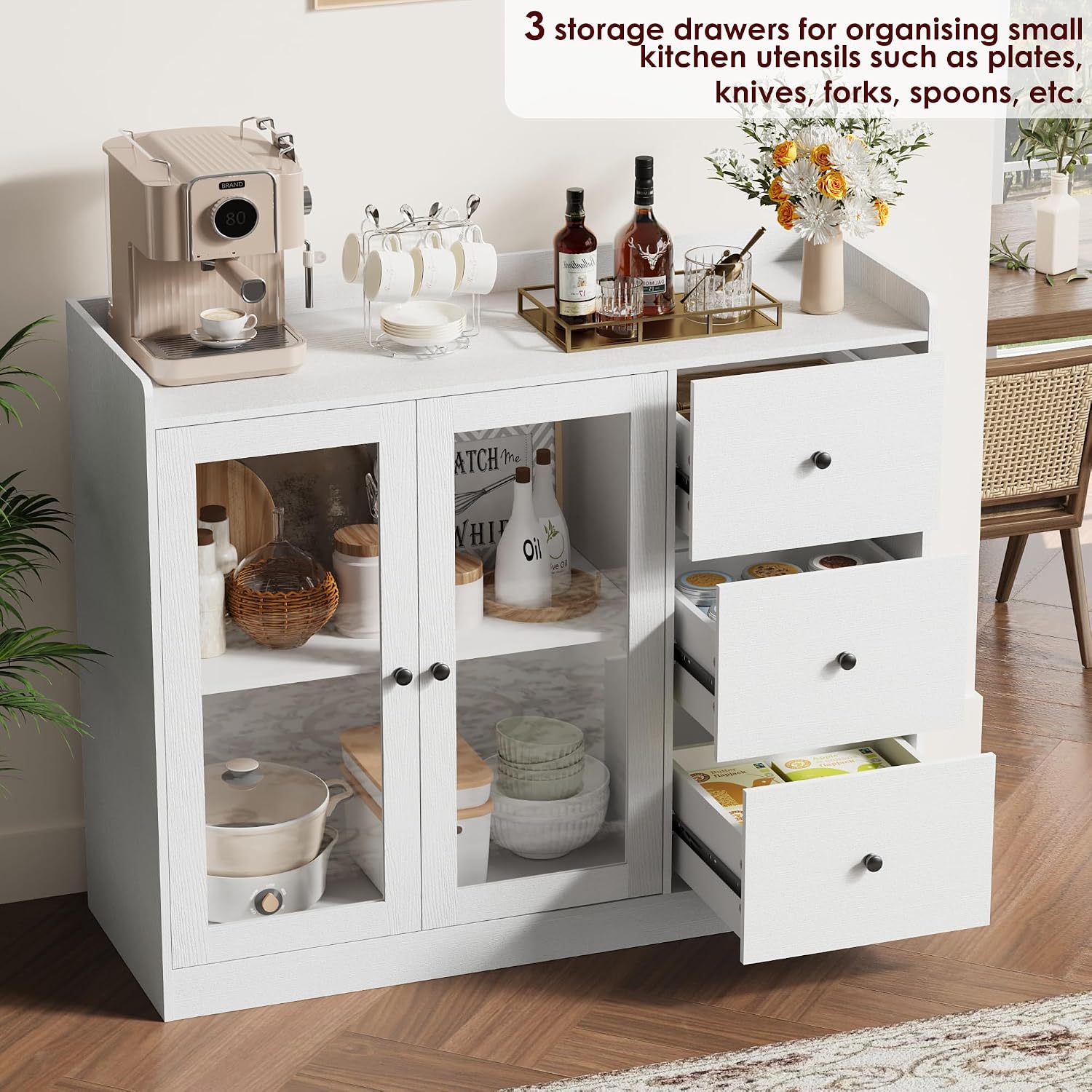 GarveeHome Sideboard Buffet Cabinet with Storage, 43 in Coffee Bar Cabinet with Glass Doors and 3 Drawers, Kitchen Storage Cabinet with Adjustable Shelves for Dining Room, Living Room, White