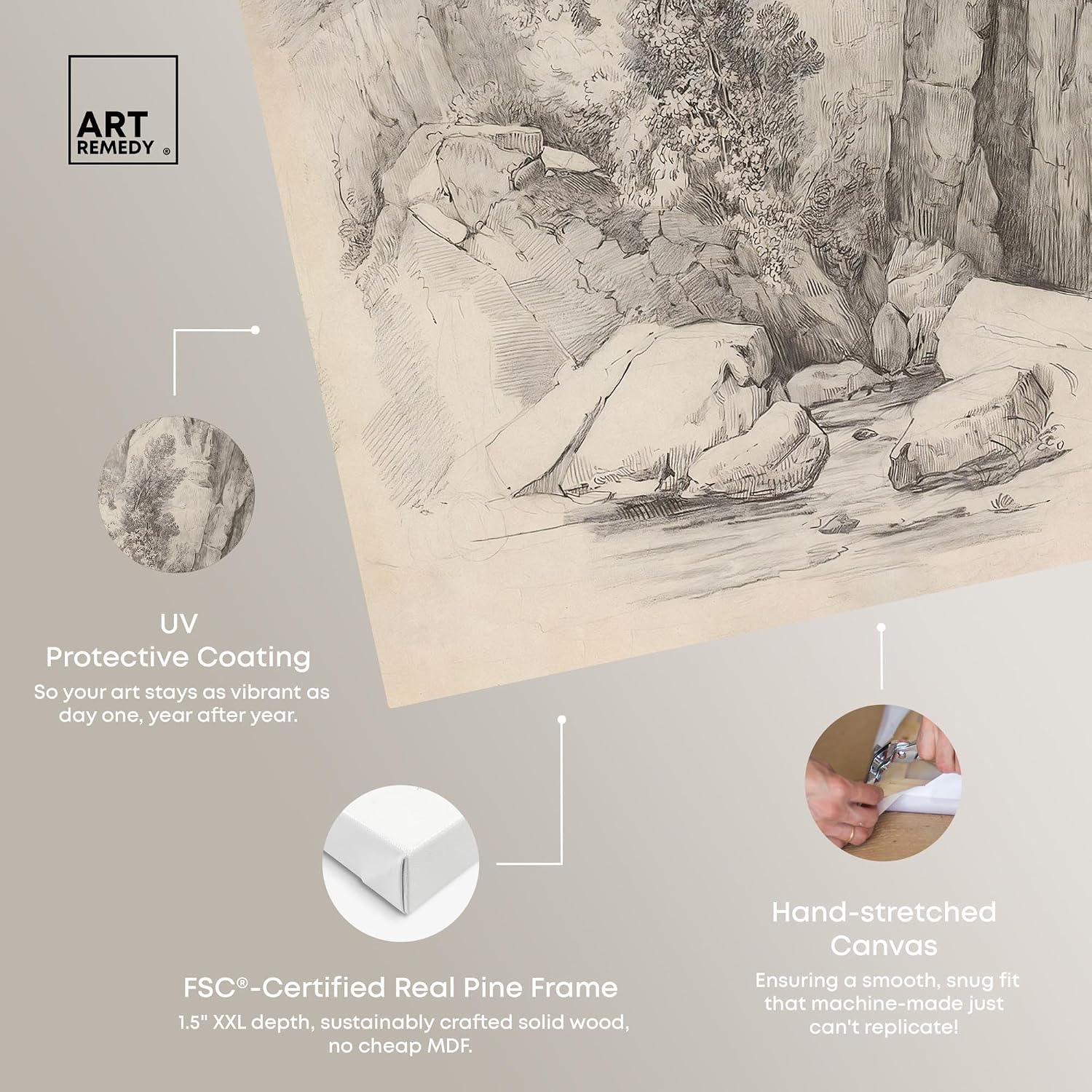 Art Remedy Rock Cliffs above a Stream 1818 Canvas Classic Sketches, Gallery Wrapped, 20' x 24'