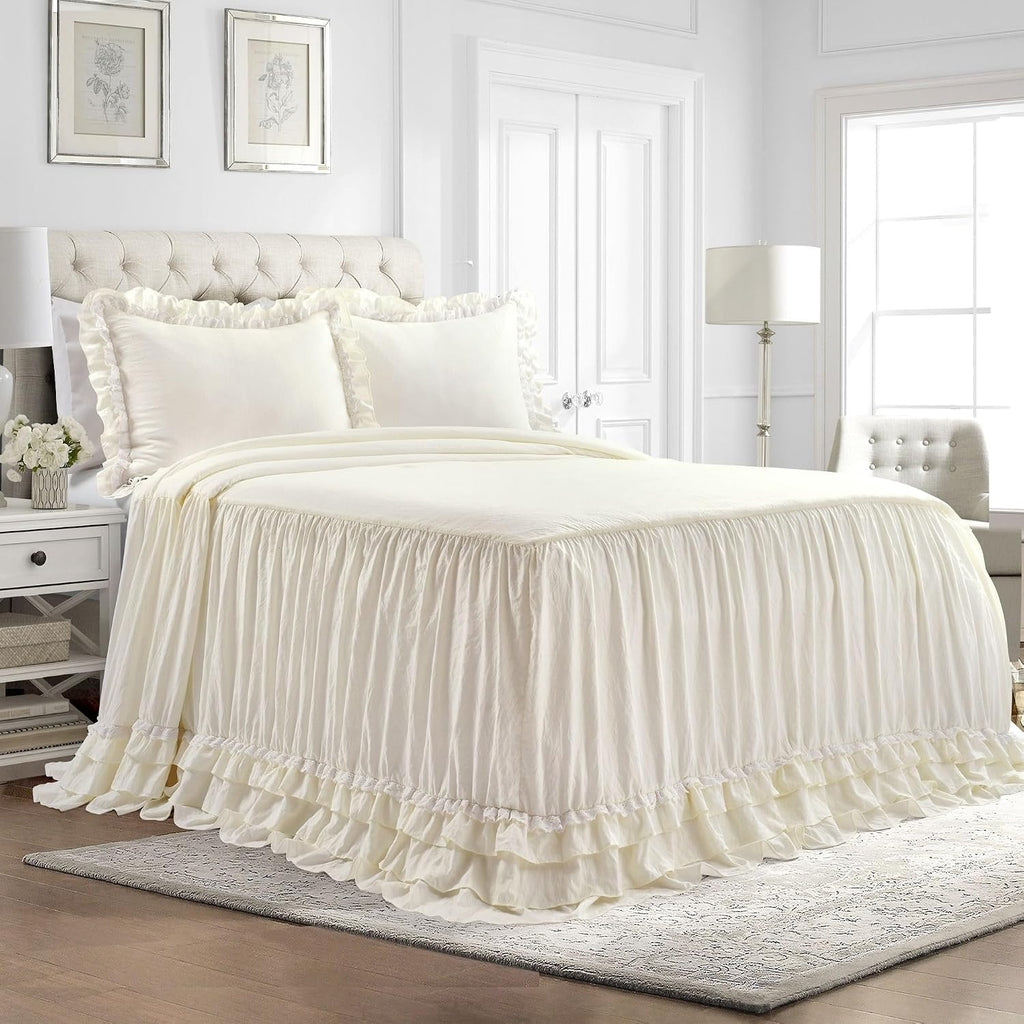 Lush Decor Ella Ruffle Lace Bedspread, 3 Piece Set, Queen, Neutral - Cute Bed Set - Queen Bedding - Beige Bedding - Coquette Decor - Neutral Ruffle Trim - Beige Lace Trim