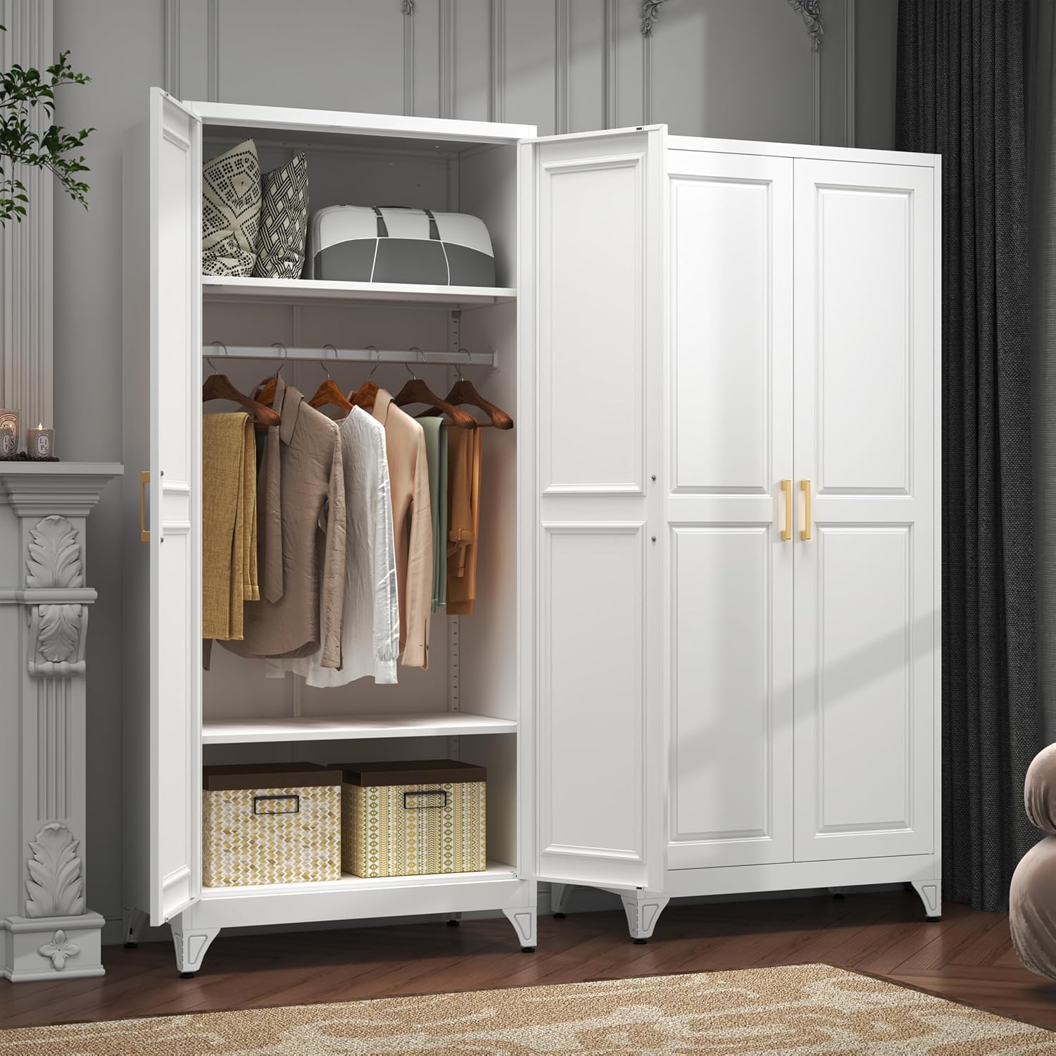 Metal Armoire Wardrobe Closet with 2 Doors, 71' Tall Wardrobe Closet with Doors, Hanging Rod, Drawers and Adjustable Shelves, White Clothing Storage Cabinets for Bedroom, Home Office