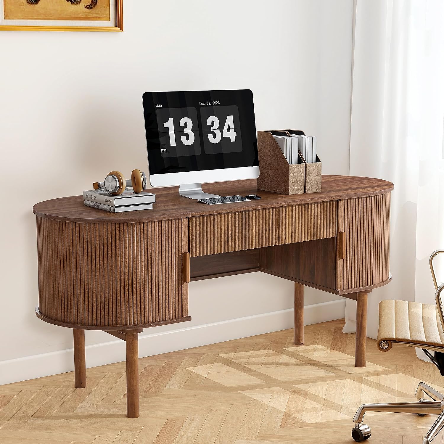 Executive Office Desk with Storage, 63 Inch Large Computer Workstation Desk with Drawer and File Cabinets, Mid Century Modern Fluted Wood Writing Desk for Home Office, Study Room, Living Room, Walnut