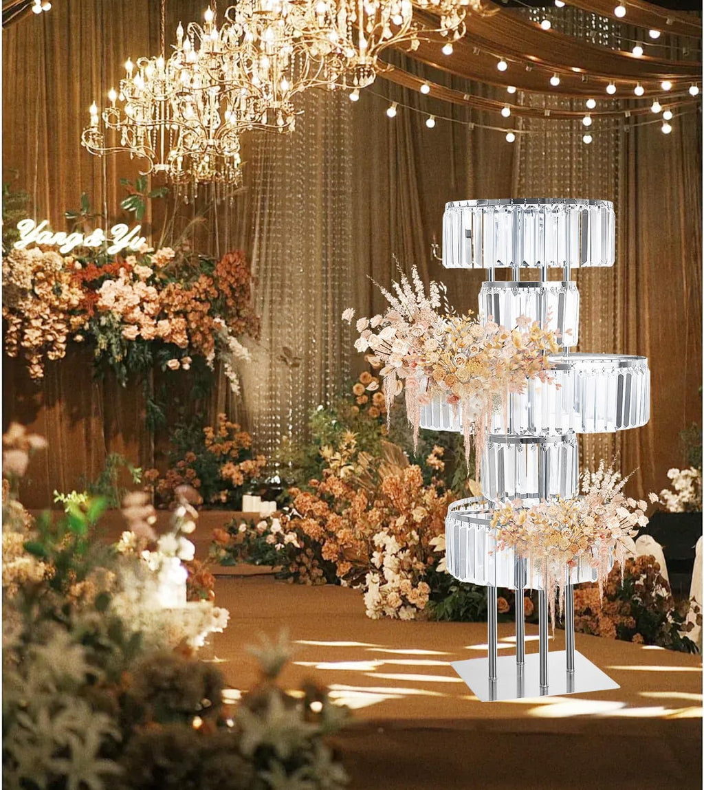 5-Tier Crystal Silver Vase for Centerpiece - Large Wedding Decor Flower Stand, Metal Chandelier Stand with K9 Crystal Pendants, Elegant Flower Display Rack for Party Event Home Wedding Decor (Silver)