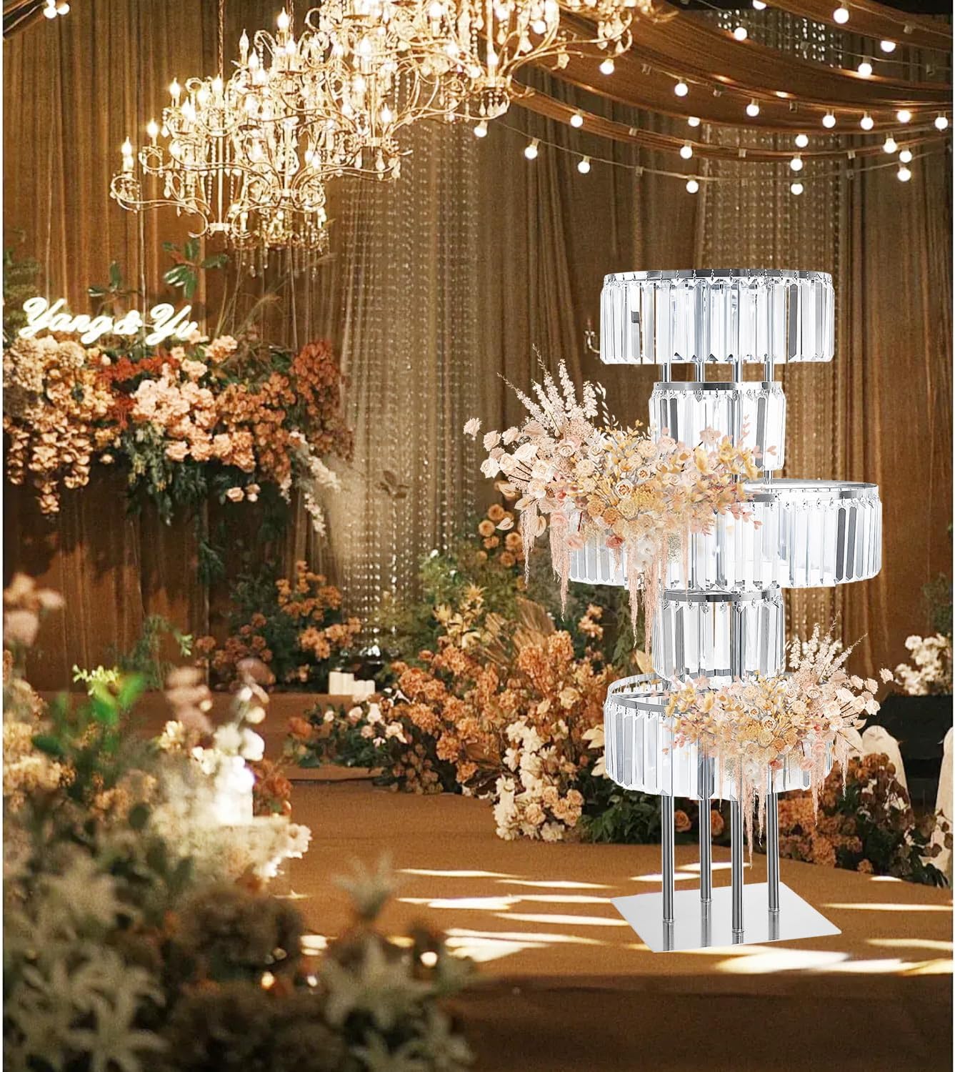 5-Tier Crystal Silver Vase for Centerpiece - Large Wedding Decor Flower Stand, Metal Chandelier Stand with K9 Crystal Pendants, Elegant Flower Display Rack for Party Event Home Wedding Decor (Silver)