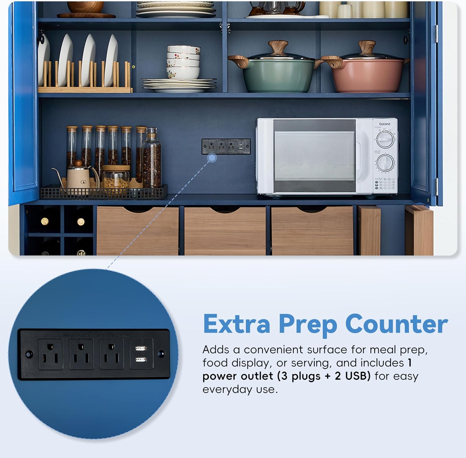 Farmhouse 71''H Large Kitchen Pantry, 53.2''Lx17.7''W Wood Dining Storage Cabinet Cupboard with 4 Foldable Doors, Power Outlet, Shelves, Wine Racks and Serving Trays (Blue-Fold D)