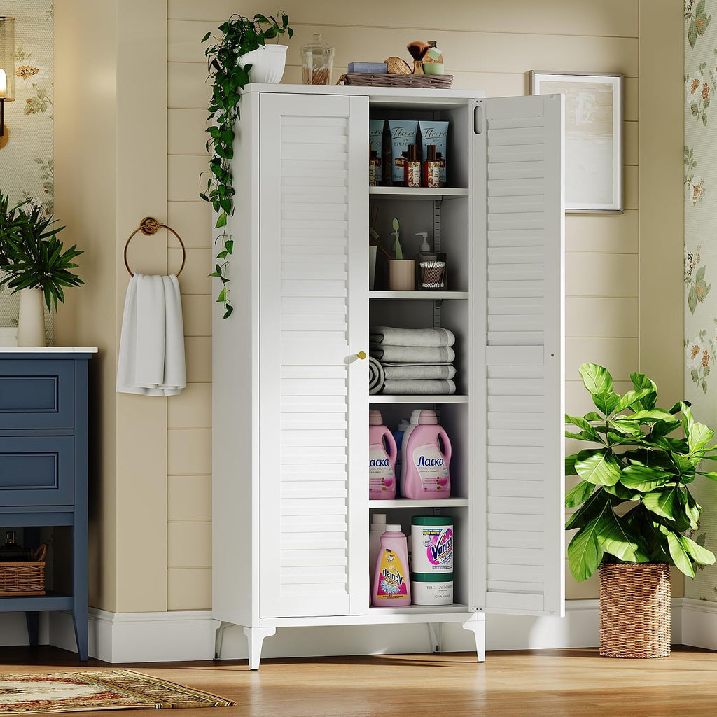 Metal Storage Cabinet with 2 Doors and 4 Adjustable Shelves, Metal Pantry Cabinet for Kitchen Living Room, Required Assembly, White,13.78' D x 27.56' W x 63.58' H