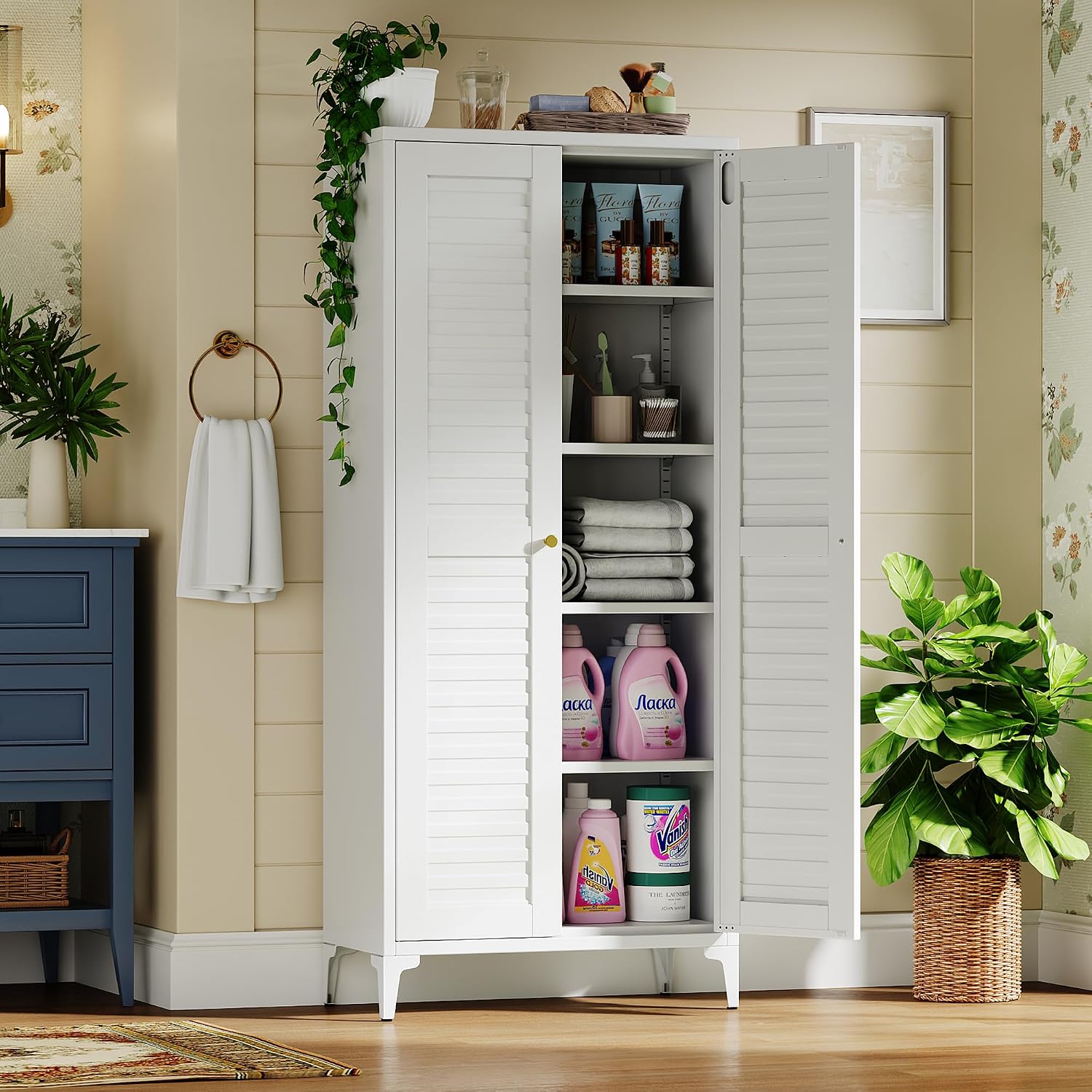 Metal Storage Cabinet with 2 Doors and 4 Adjustable Shelves, Metal Pantry Cabinet for Kitchen Living Room, Required Assembly, White,13.78' D x 27.56' W x 63.58' H