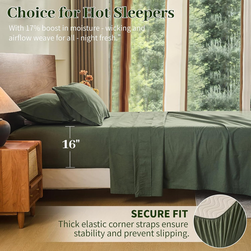 MEISHANG 100% French Pure Linen Sheets King Size - Bed Sheets 4 Piece Sets, Soft Durable Flax Linen, Anti-Tear Breathable Oeko-Tex Certified with 16' Deep Pocket (Forest Green)