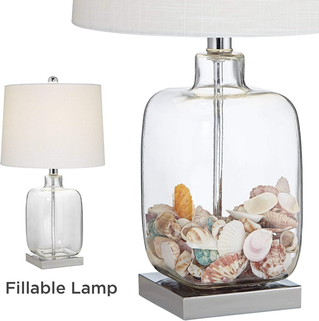360 Lighting Coastal Accent Table Lamps 21 3/4' High Set of 2 Brushed Steel Clear Glass Fillable White Drum Shade Decor for Living Room Bedroom House Bedside Nightstand Home Office Family