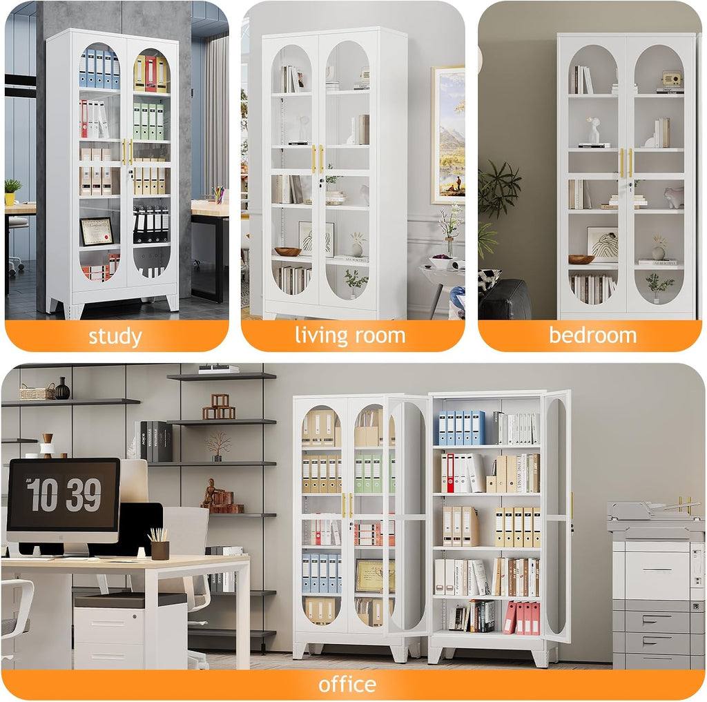 PAOFIN 71' H Locking Display Cabinet with Glass Door, Metal Curio Cabinets with 4 Adjustable Shelves, Tall Liquor Cabinet Display Case for Living Room, Collectibles, Home - Assembly Required White