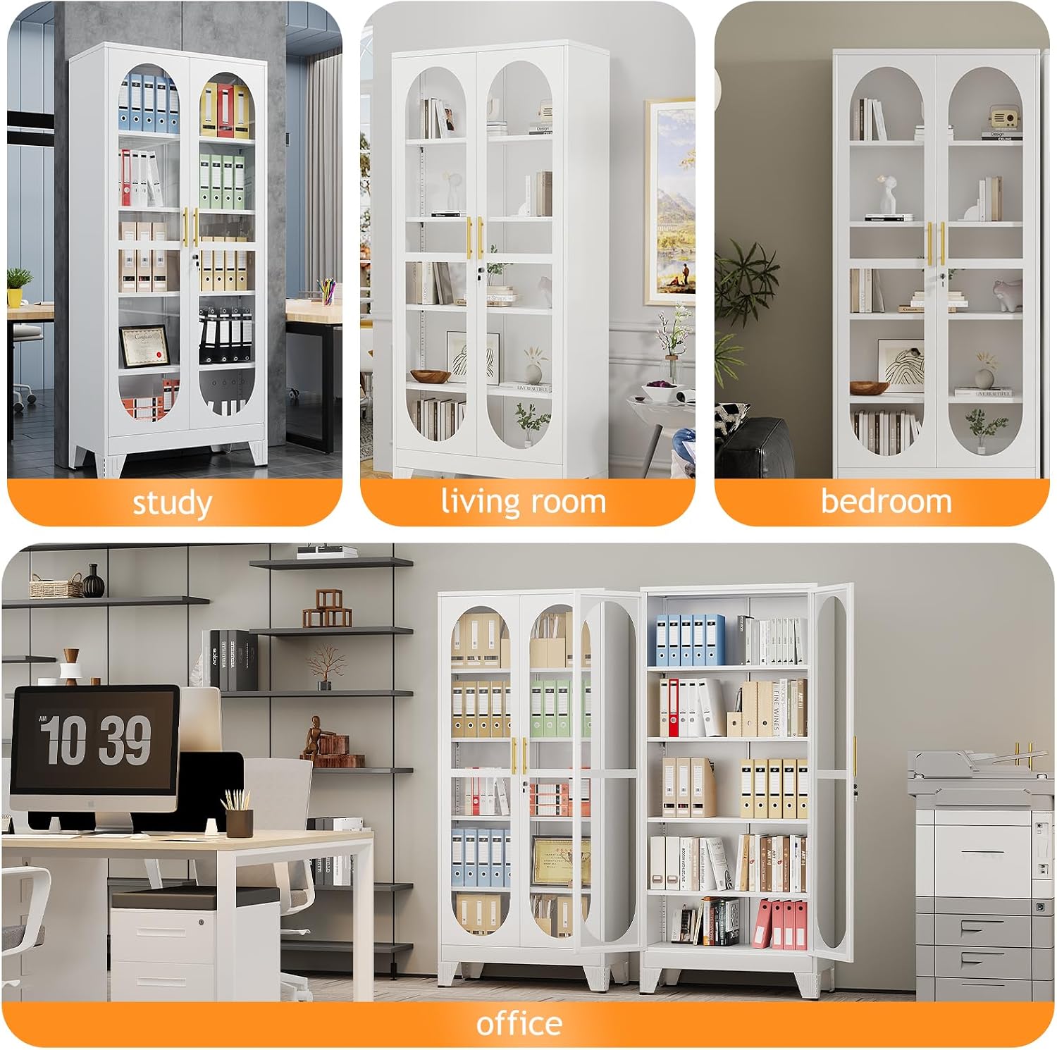 PAOFIN 71' H Locking Display Cabinet with Glass Door, Metal Curio Cabinets with 4 Adjustable Shelves, Tall Liquor Cabinet Display Case for Living Room, Collectibles, Home - Assembly Required White