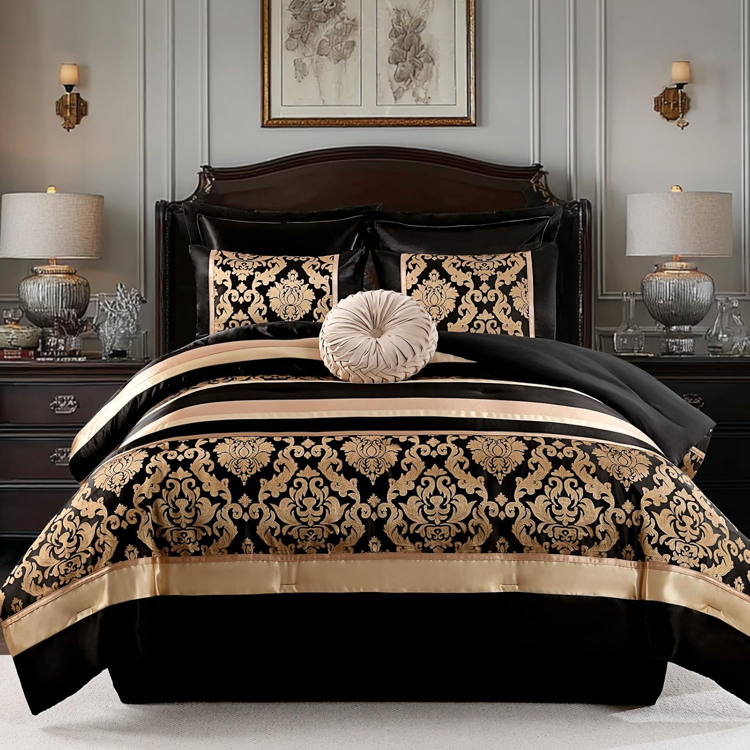 Finlonte Black Gold Comforter Set Queen Size - Luxury Jacquard Floral 7-Piece Silky Bed in a Bag, Vintage Patchwork All Season Down Alternative Bedding Set with Matching Pillows, Shams, Bed Skirt