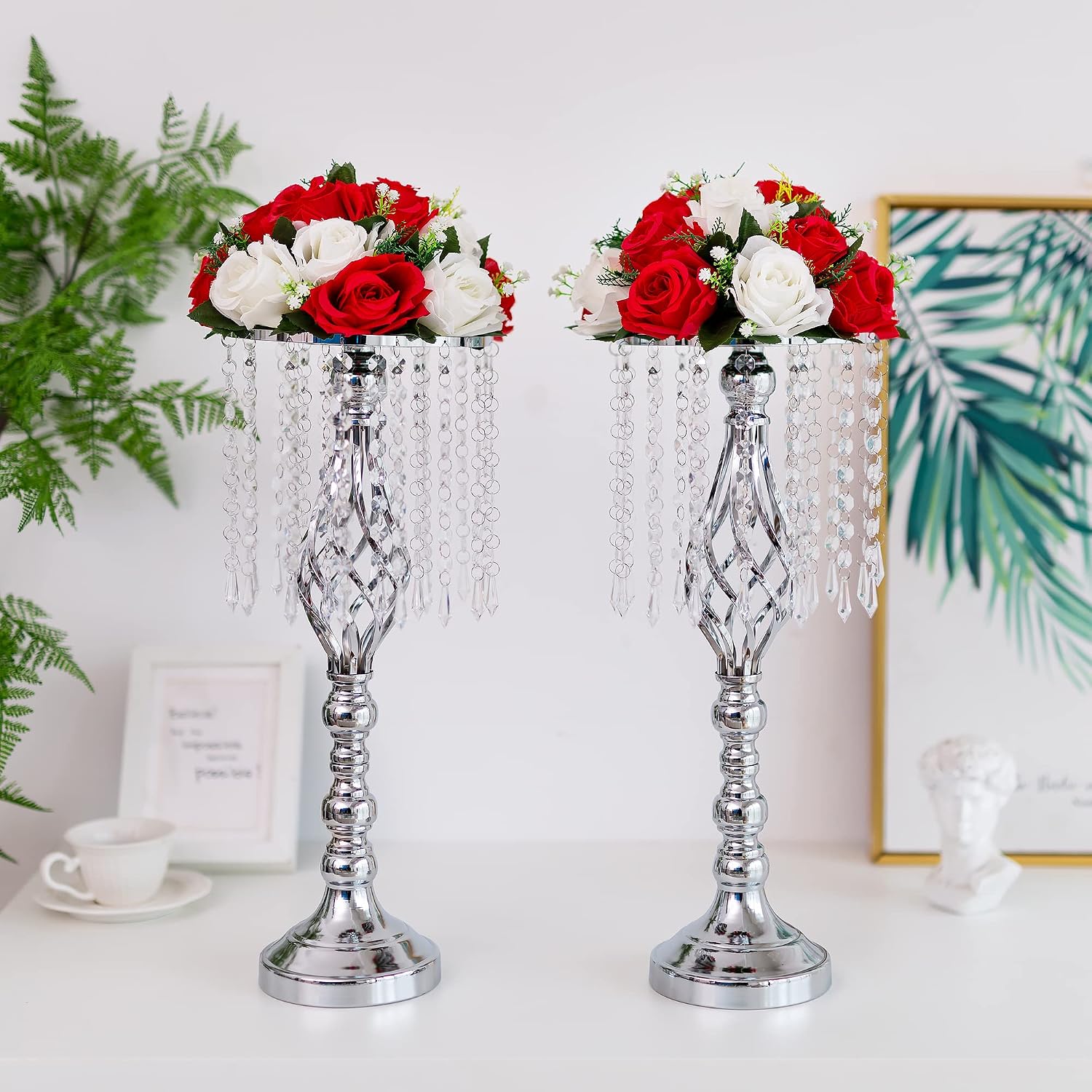 Sliver Vases Centerpieces for Weeding: 19.3' Tall Flower Stand with Crystal Patent for Table Center Piece Party Event Set of 10