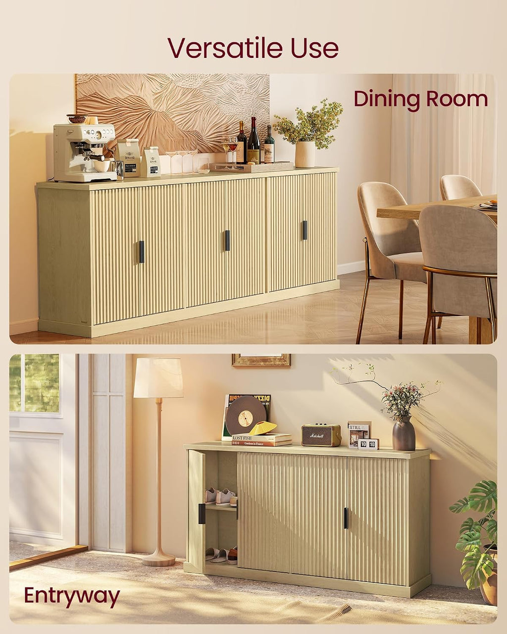 VASAGLE MAXE Collection - Buffet Cabinet, Fluted Console Cabinet, Sideboard with Adjustable Shelves, Mid Century Modern Buffet Table, 15.8 x 58.3 x 31.5 Inches, Oak Beige UBBK382Y01S