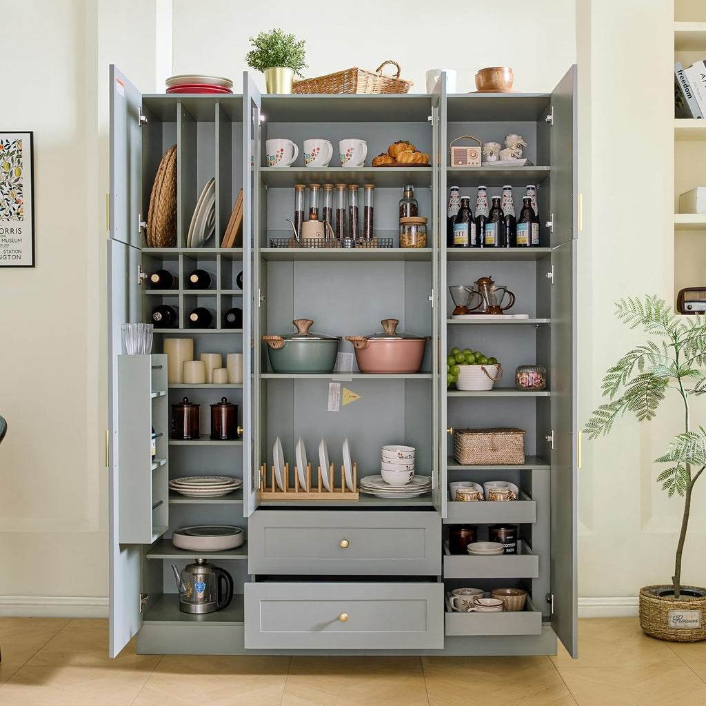 Modern Large Kitchen Pantry with 6 Doors, 53.2''Lx17.7''W Wood Storage Cabinet Cupboard with Drawers, Adjustable Shelves, Pull-Out Trays and Wine Rack for Dining Room (Green-4.19)