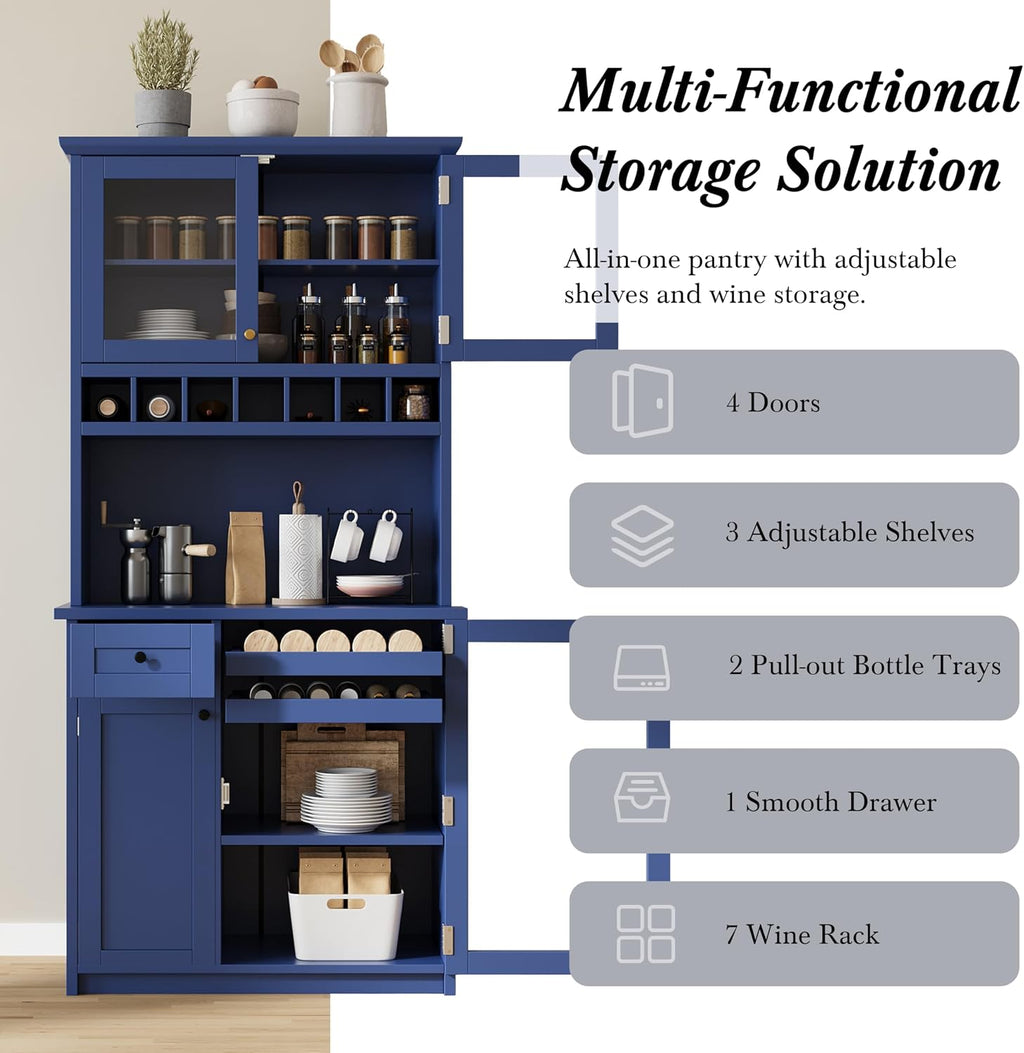 Modern 74.8 inch Tall Kitchen Pantry, Freestanding Buffet with Hutch, Kitchen Pantry Storage Cabinet with Wine Rack and Adjustable Shelves for Dining Room (Blue//1)