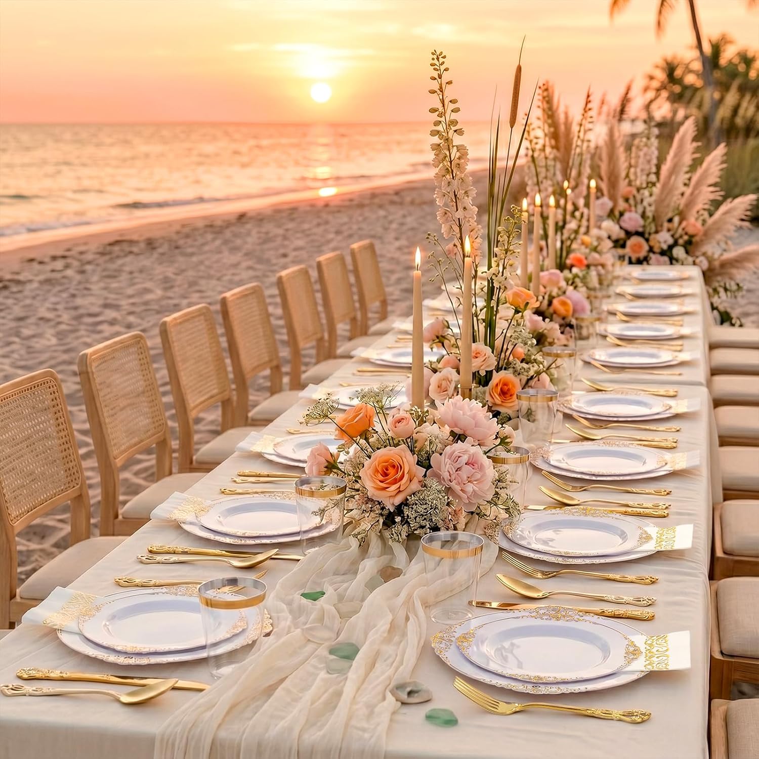 YOUBET 700PCS Gold Plastic Dinnerware Set - White and Gold Disposable Plates for 100 Guest - 200 Disposable Plates, 300 Heavy Duty Plastic Silverware, 100 Cups,100 Napkins for Wedding