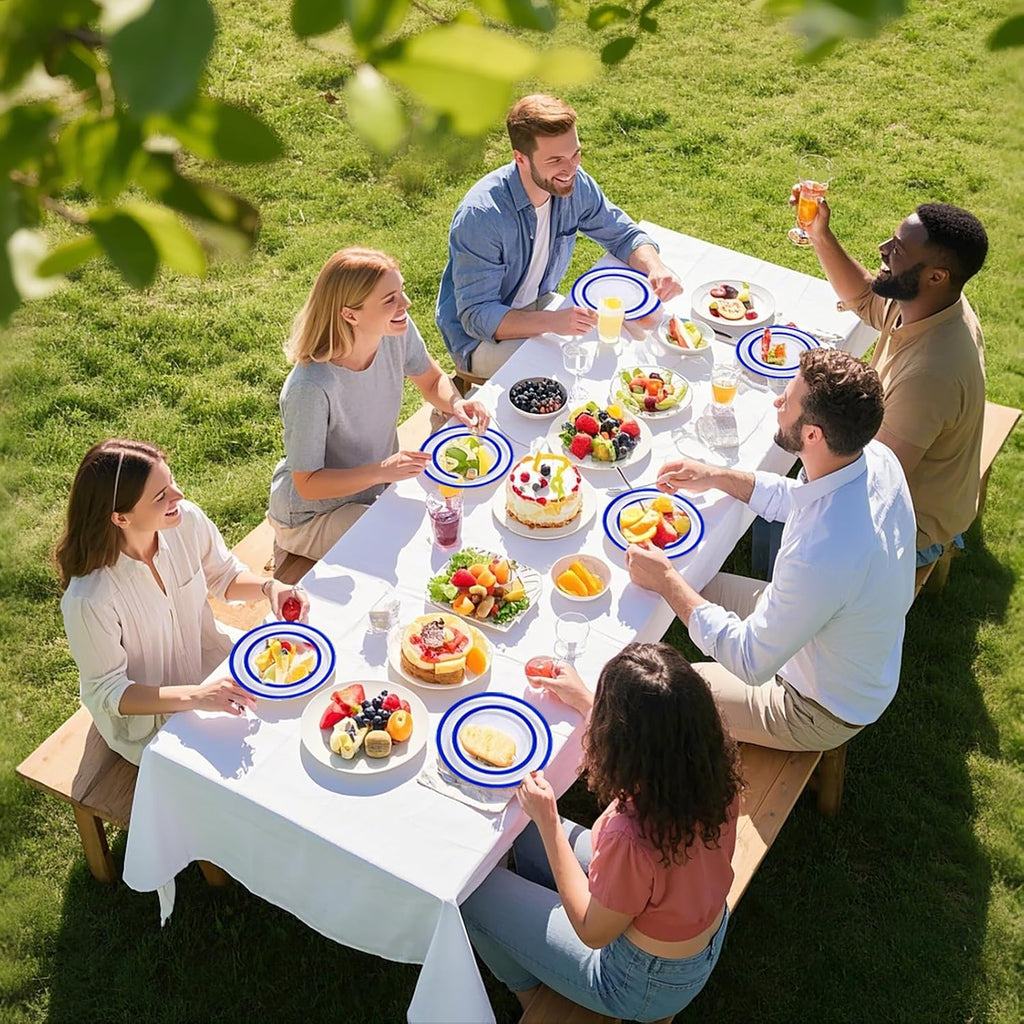 I00000 700 Piece Blue Plastic Dinnerware Set for Party, Clear Disposable Plates for 100 Guests, Include: 100 Dinner Plates, 100 Dessert Plates, 100 Pre Rolled Napkins with Cutlery Set, 100 Cups