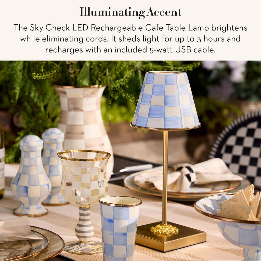MACKENZIE-CHILDS LED Rechargeable Cafe Table Lamp, Cordless Decorative Lamp, Light-Blue-and-White Sky Check