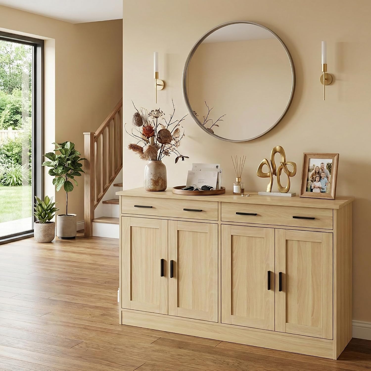 Anystyle 53' Oak Buffet Cabinet with Storage, Kitchen Sideboard Buffet Server with 2 Drawers & 4 Doors, Modern Coffee Bar Cabinet Credenza for Dining Room, Living Room, Hallway