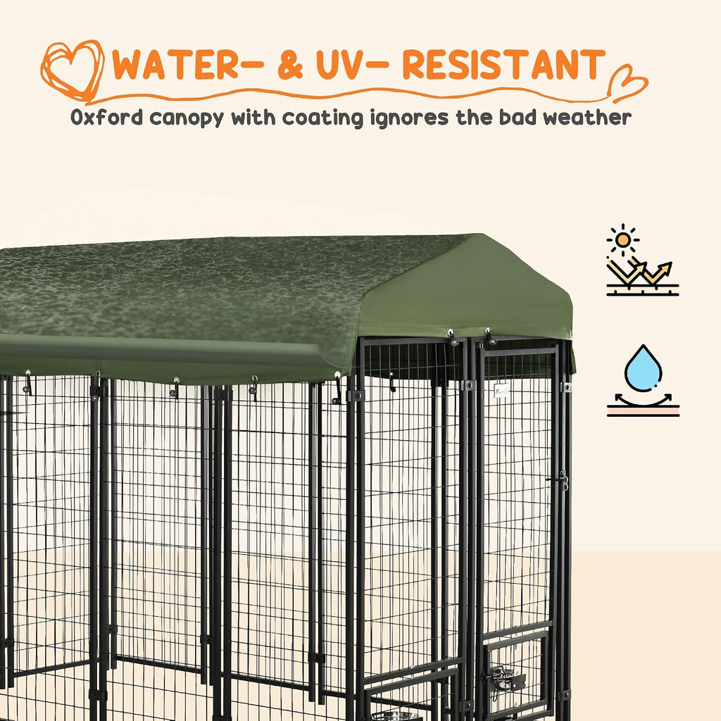 PawHut 8' x 4' x 6' Dog Kennel Outside, Welded Wire Outdoor Dog Kennel Run with 360° Rotating Bowls, Waterproof & UV Resistant Cover, for S&M&L Breeds, Chickens, Ducks, Green