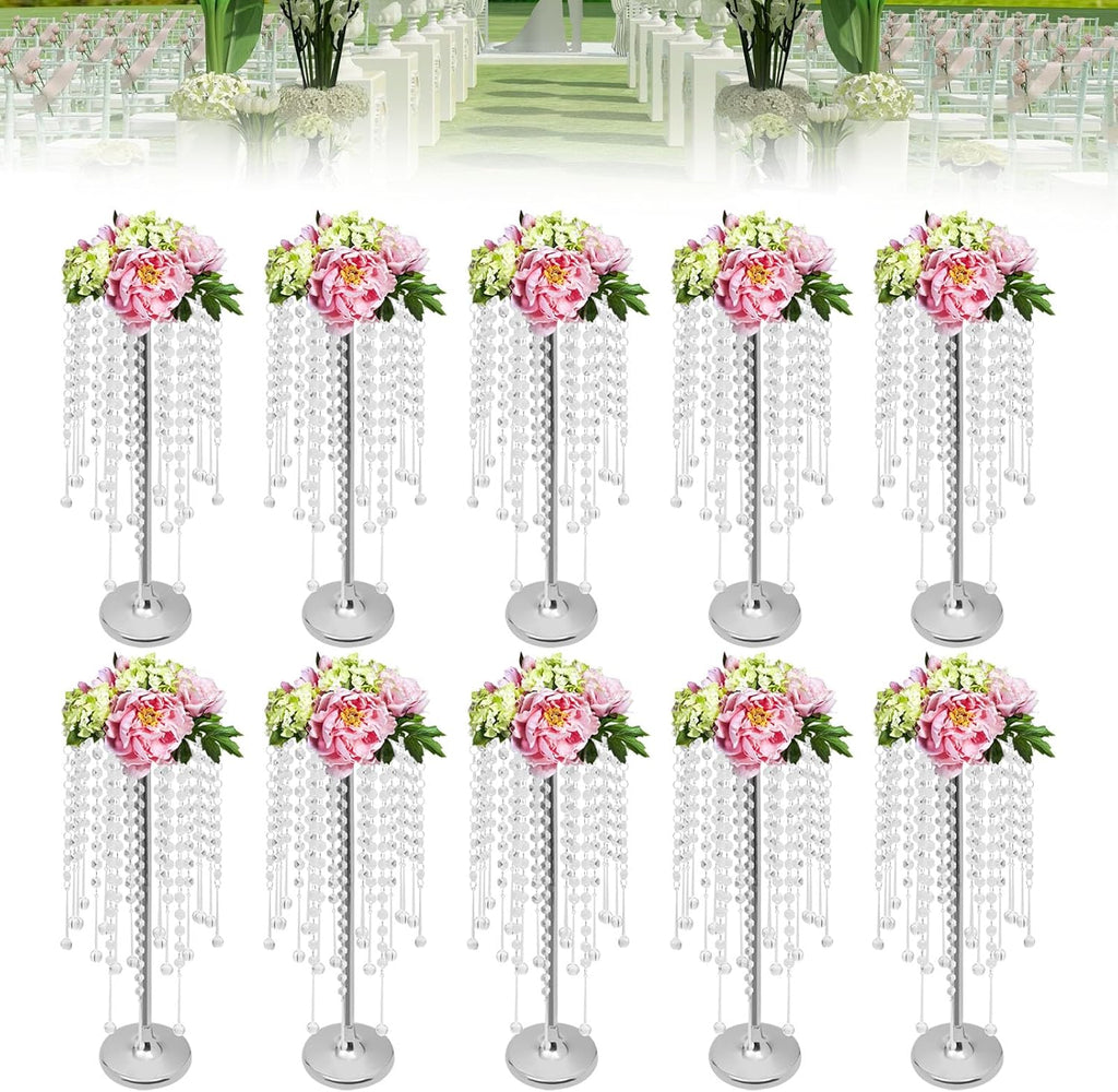 10PCS Crystal Flower Stand Wedding Centerpieces 21.7 Inch Tall Sliver Vases Metal Flower Candle Holder with Sparkling Crystal for Table Wedding Party Dinner Event Decor (Silver-7)