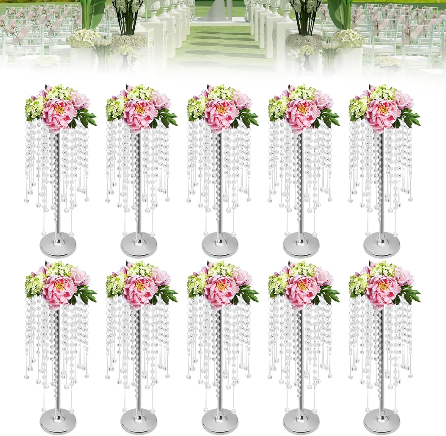 10PCS Crystal Flower Stand Wedding Centerpieces 21.7 Inch Tall Sliver Vases Metal Flower Candle Holder with Sparkling Crystal for Table Wedding Party Dinner Event Decor (Silver-7)