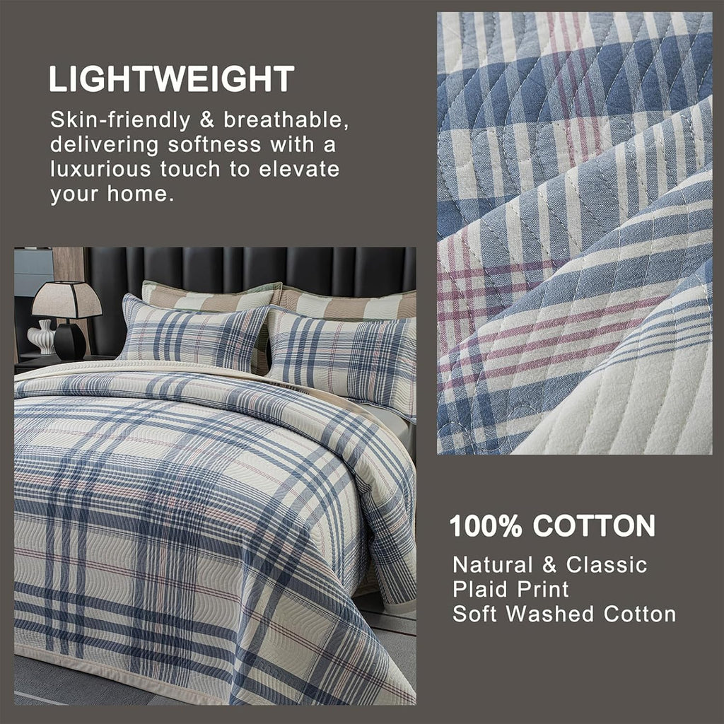tohrisa Cotton Plaid Quilt Set, Ultra Soft 3 Pieces King Size Bedding with 2 Pillow Shams, Lightweight Reversible Coverlet Bedspread with Wave Quilting for Summer, 108'x96', Grid-Blue White