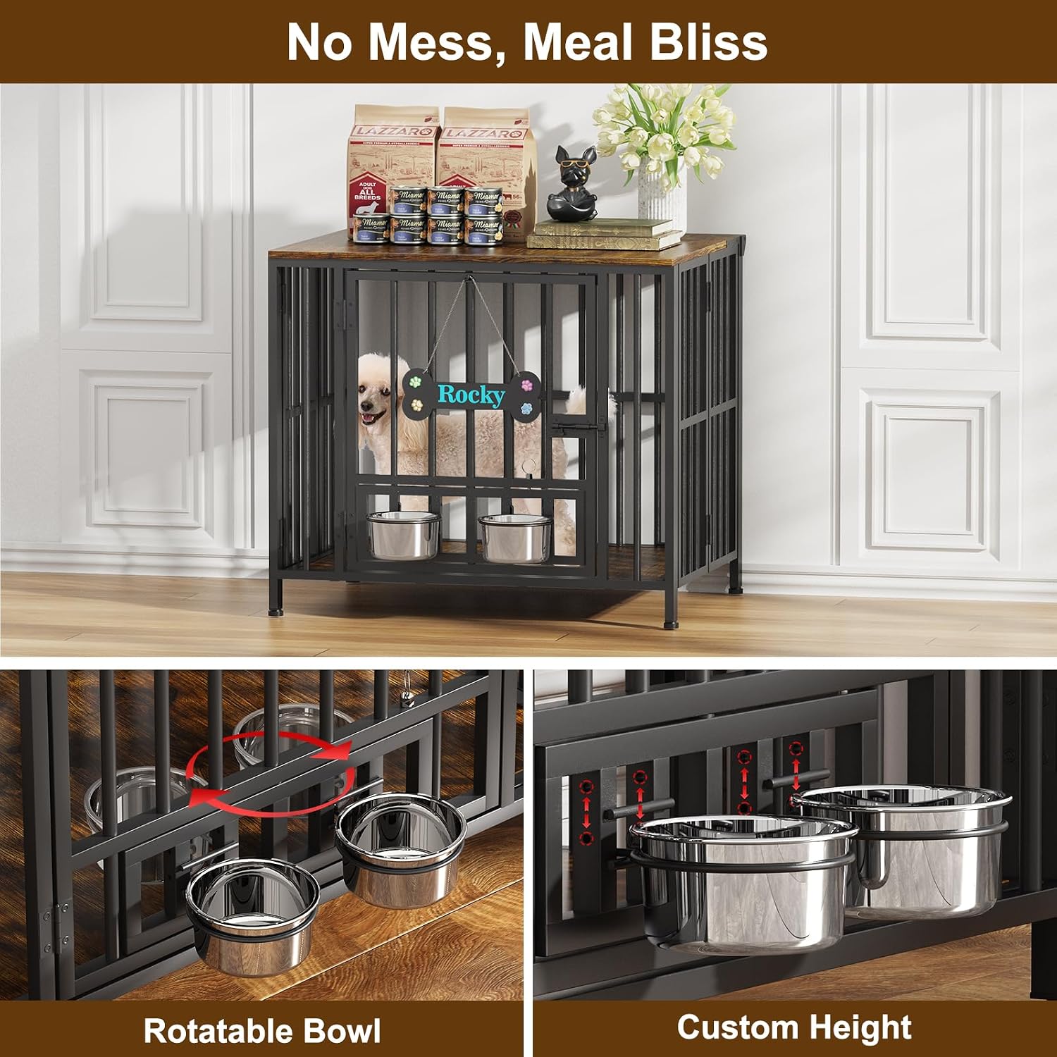 Easycom 27' Dog Crate Furniture Foldable, No Assembly Decorative Dog Kennel Indoor, Dog Crates for Small Dogs (Under 20 lb), Wooden Dog Cage with Adjustable Bowls and Name Tag, End Table, Rustic Brown