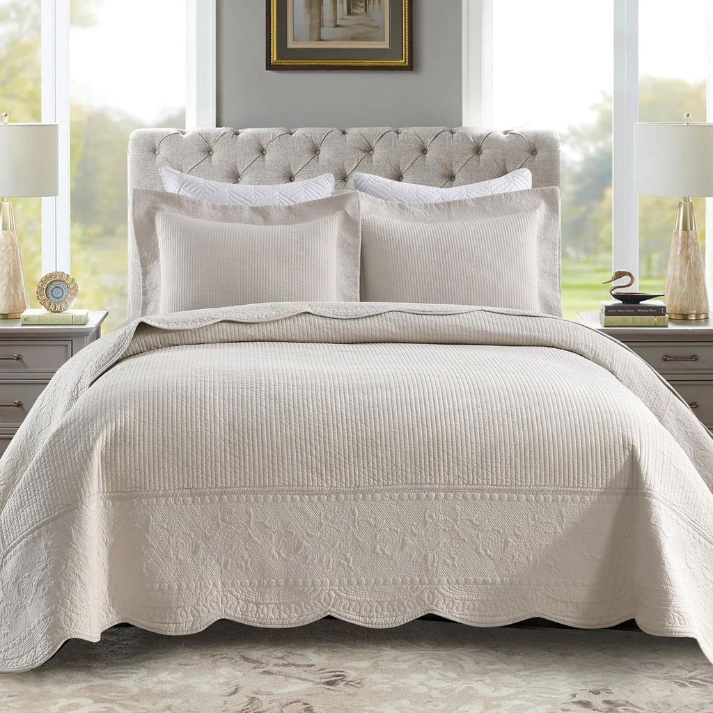 MarCielo 3-Piece 100% Cotton Oversized Bedspread Lightweight Quilt Coverlet Embroidery Farmhouse Bedding Set (TG Light Yellow Beige, Oversized Queen (100'x106'))