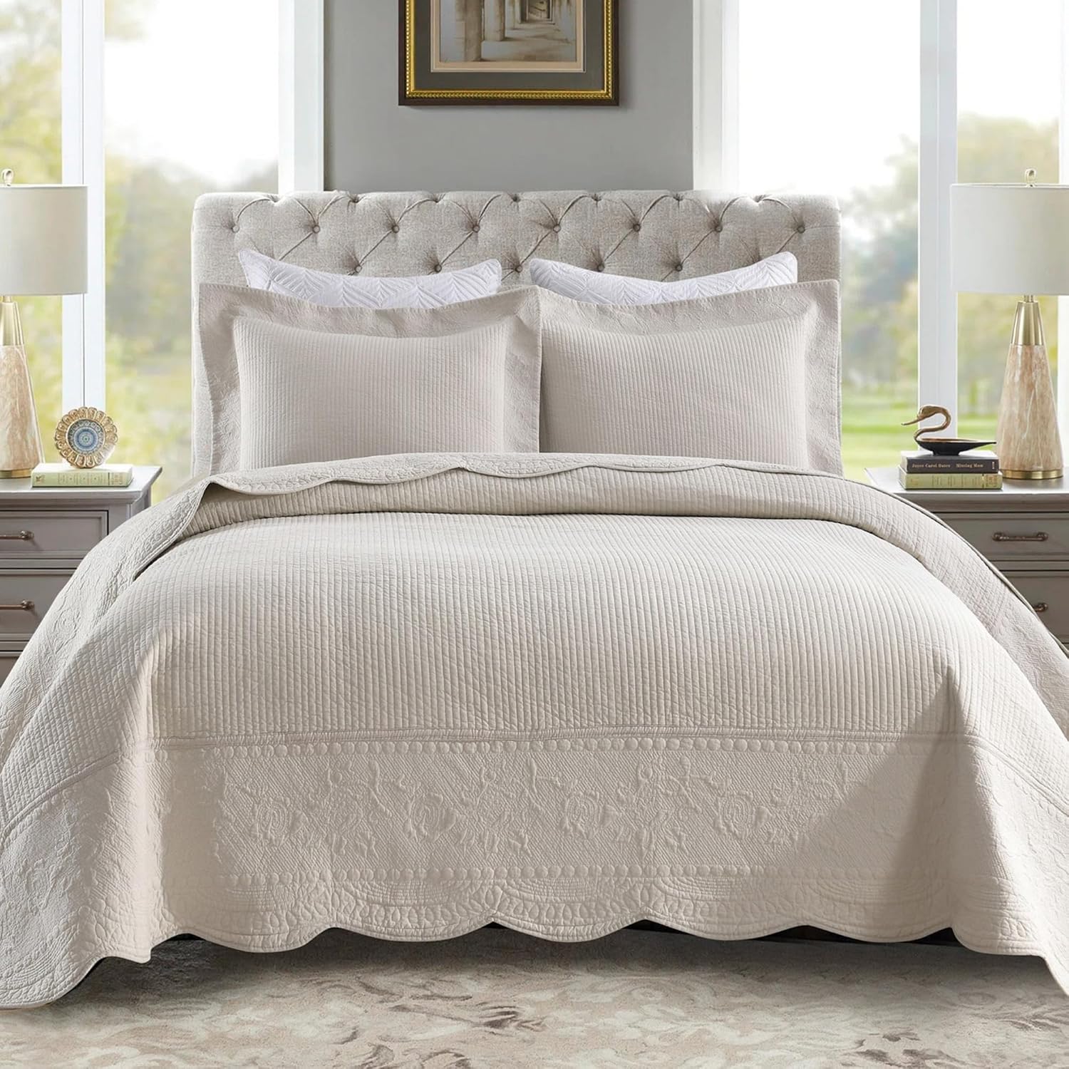 MarCielo 3-Piece 100% Cotton Oversized Bedspread Lightweight Quilt Coverlet Embroidery Farmhouse Bedding Set (TG Light Yellow Beige, Oversized Queen (100'x106'))