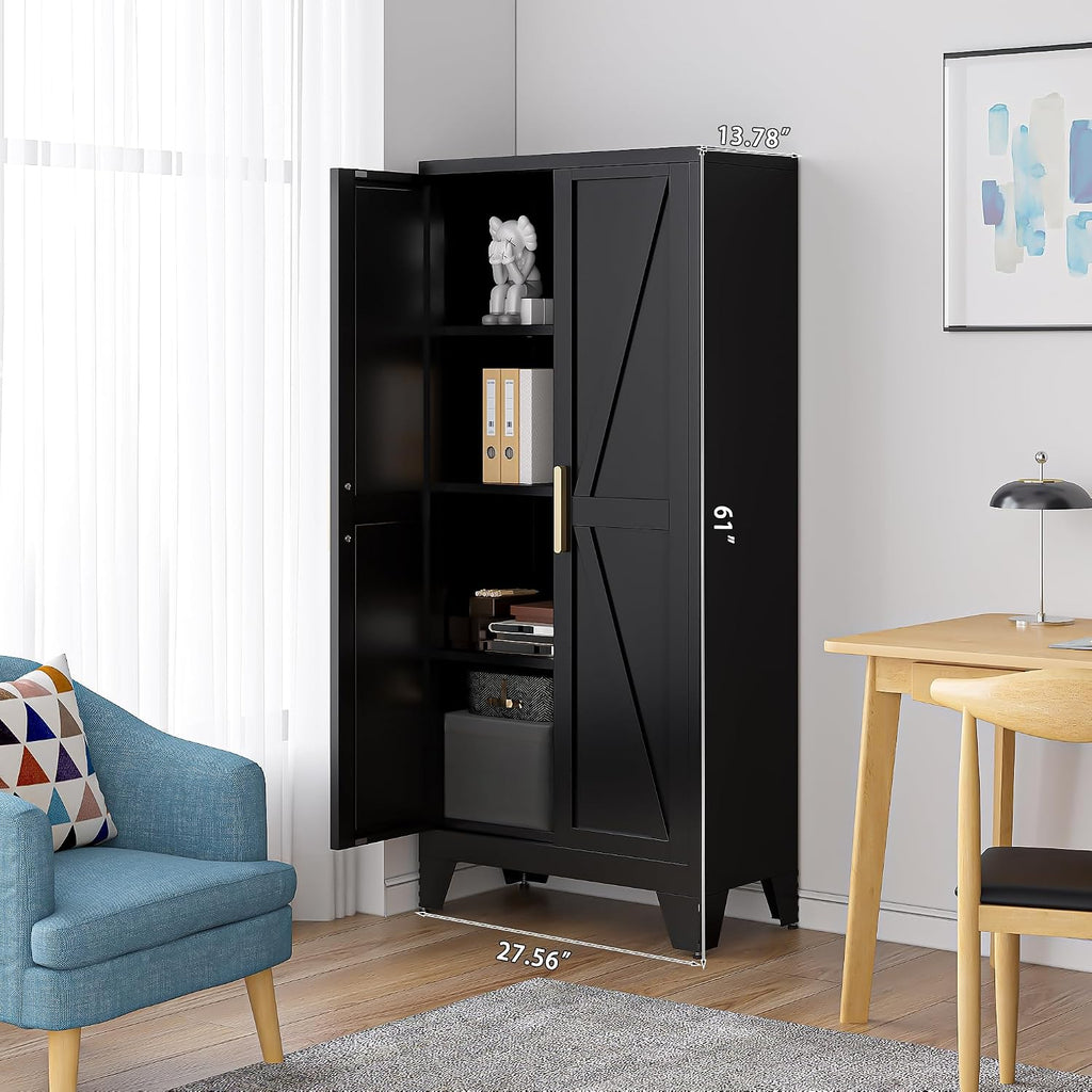 61' Tall Farmhouse Metal Pantry Cabinet, Kitchen Pantry Storage Cabinets with 2 Barn Door and Adjustable Shelves,Metal Pantry Storage Cabinet,for Kitchen,Laundry Room,Home Office,Kids Room (Black)