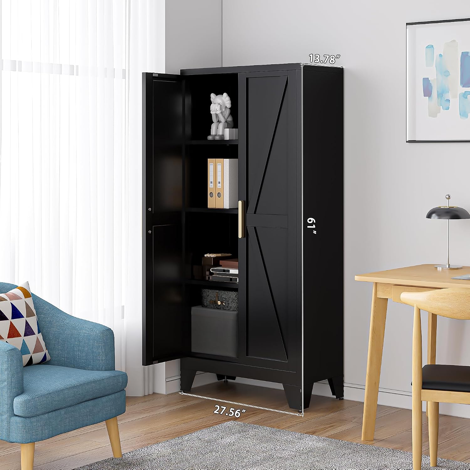 61' Tall Farmhouse Metal Pantry Cabinet, Kitchen Pantry Storage Cabinets with 2 Barn Door and Adjustable Shelves,Metal Pantry Storage Cabinet,for Kitchen,Laundry Room,Home Office,Kids Room (Black)