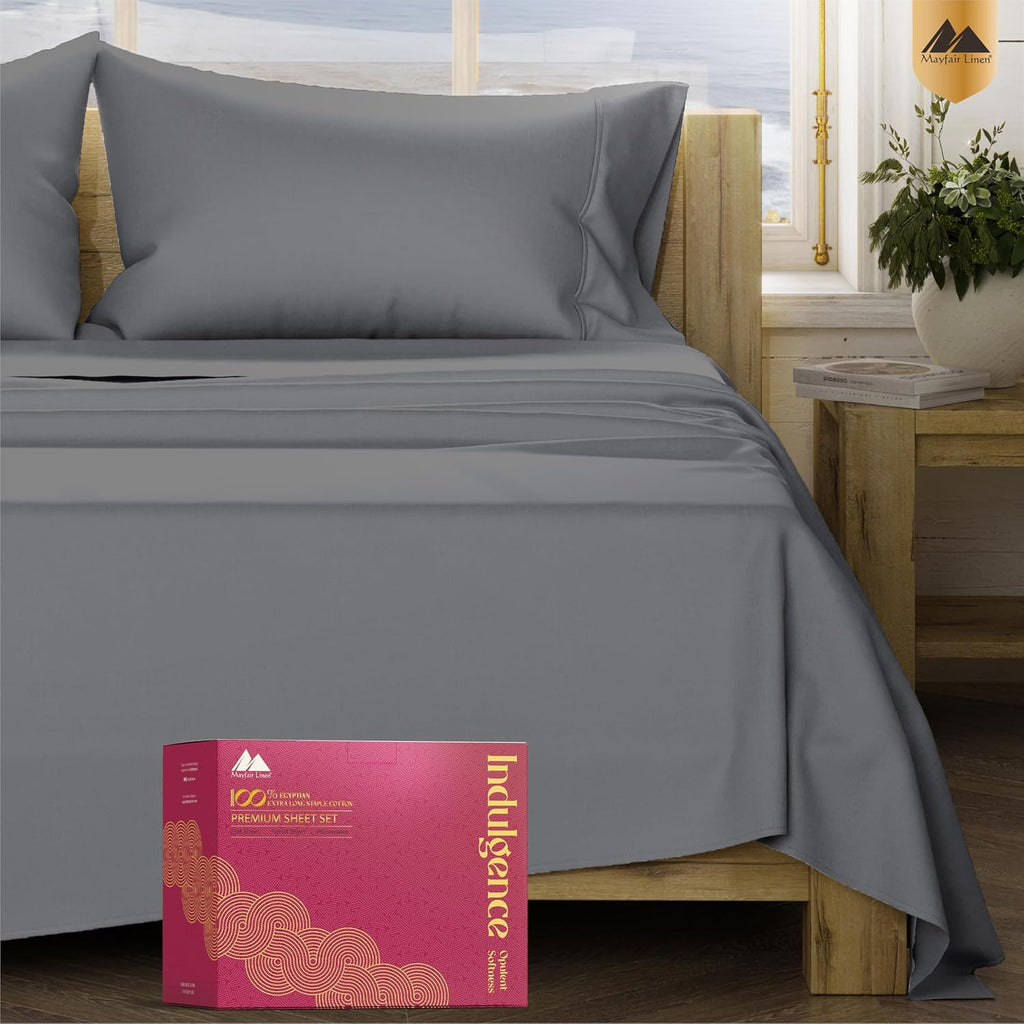 Mayfair Linen 100% Egyptian Cotton Queen Sheet Set - Luxury 1200 Series Egyptian Cotton Sheets Queen Size (4 PC, Dark Grey), Silky Soft, Cooling & Breathable, 17' Deep Pocket Sateen Hotel Bedding