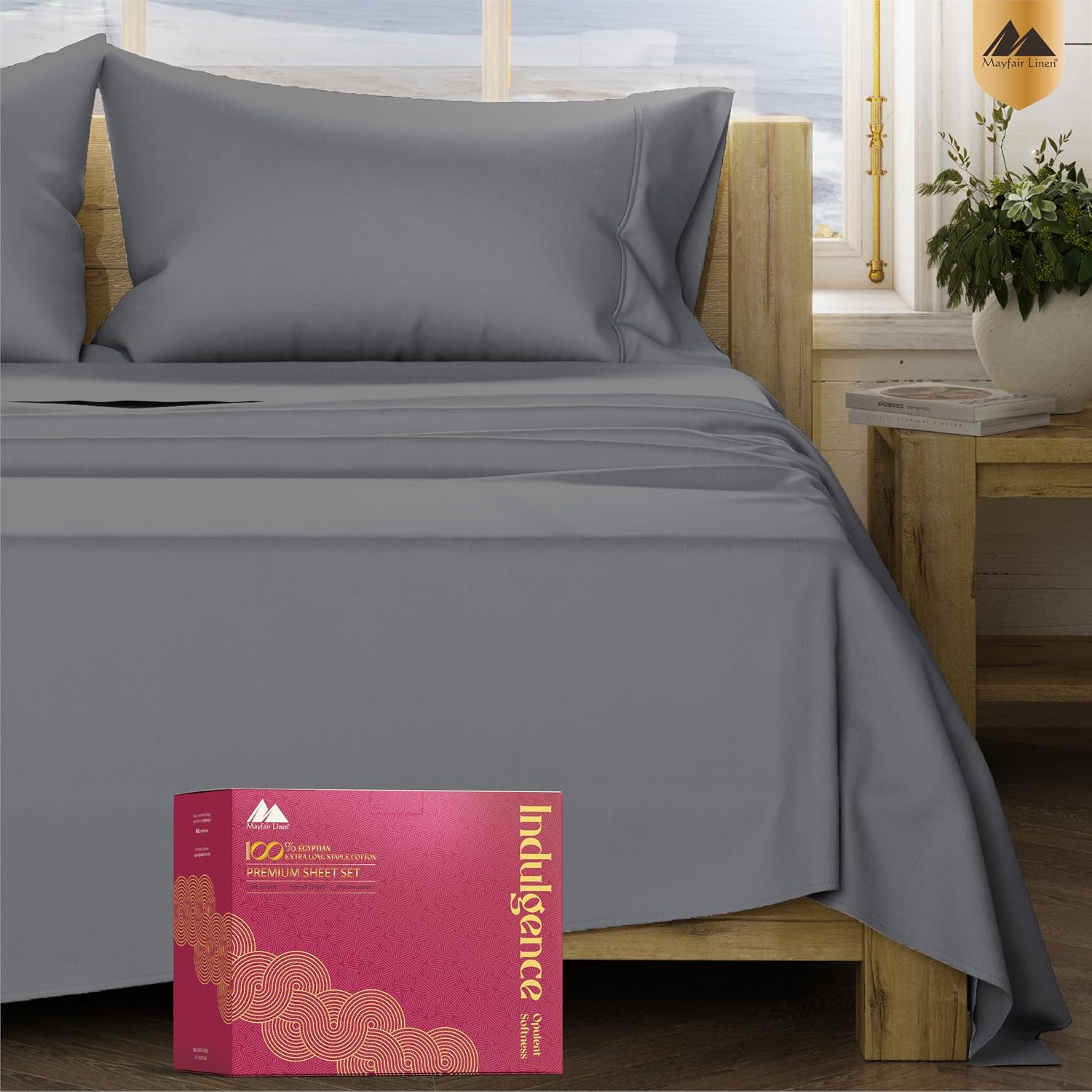 Mayfair Linen 100% Egyptian Cotton Queen Sheet Set - Luxury 1200 Series Egyptian Cotton Sheets Queen Size (4 PC, Dark Grey), Silky Soft, Cooling & Breathable, 17' Deep Pocket Sateen Hotel Bedding